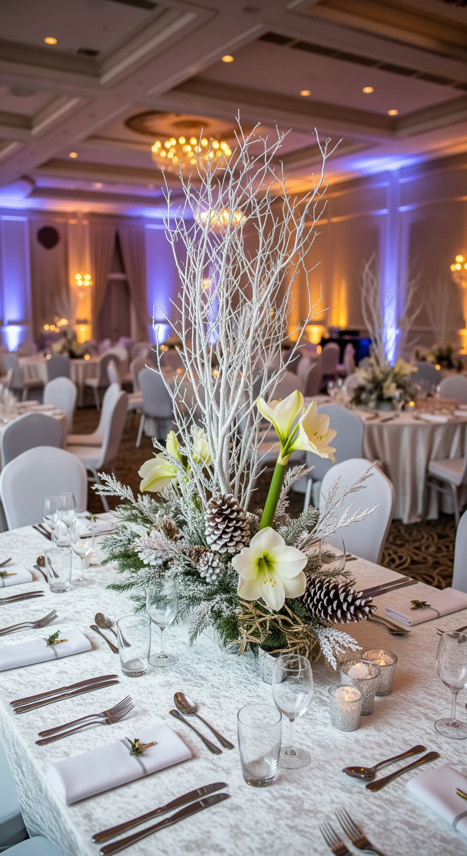 Centrotavola invernale con rami bianchi, pigne e fiori su una tavola elegante.