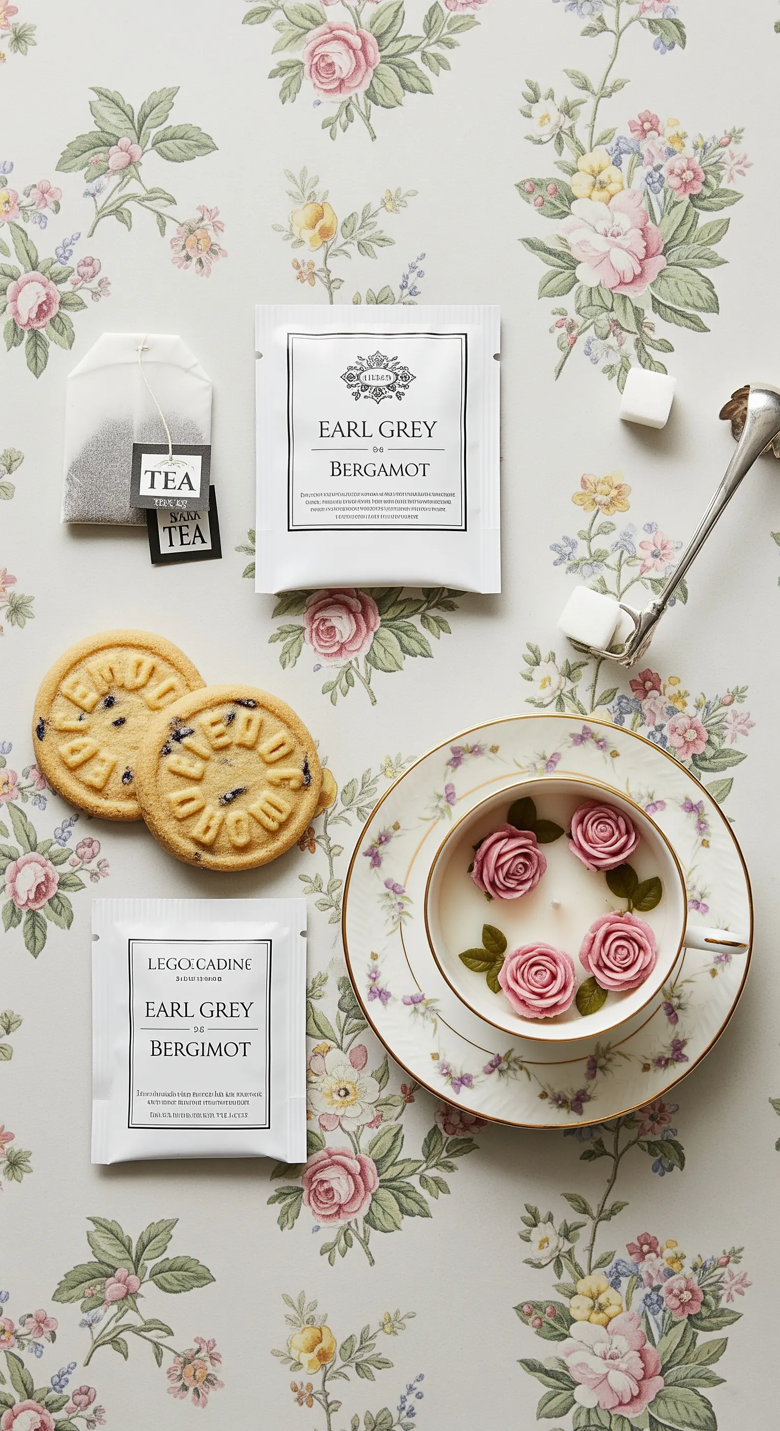 Set da tè elegante con Earl Grey, biscotti e candela in una tazza da tè vintage.