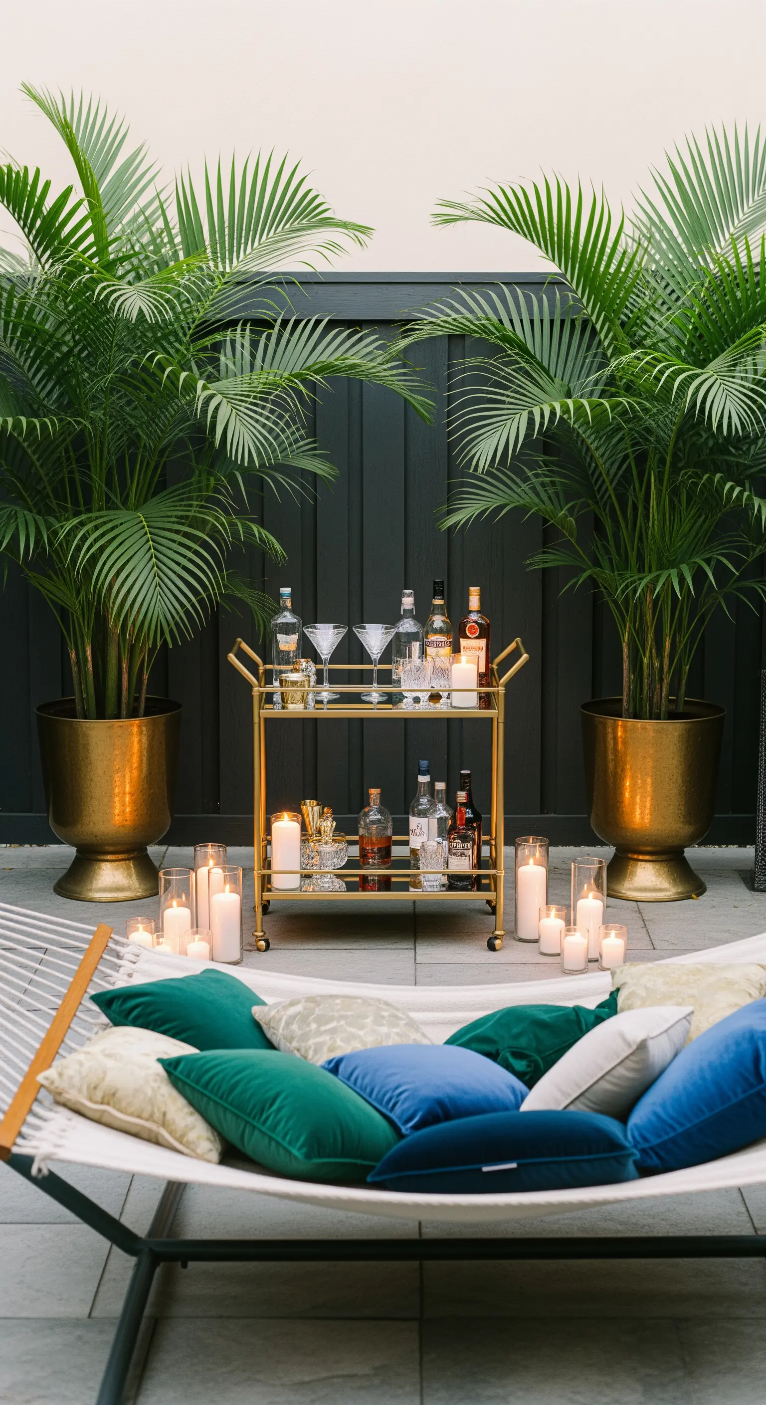 Amaca con cuscini in velluto, carrello bar dorato e grandi vasi con palme.