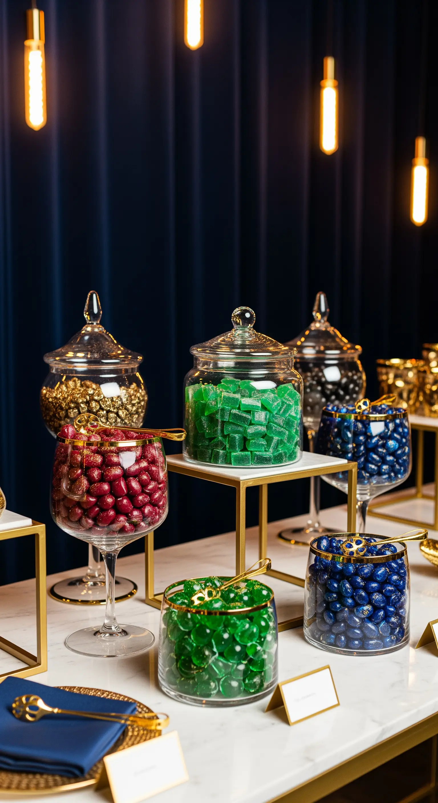 Candy bar elegante con caramelle color gioiello, vasi in vetro e dettagli dorati su tavolo di marmo