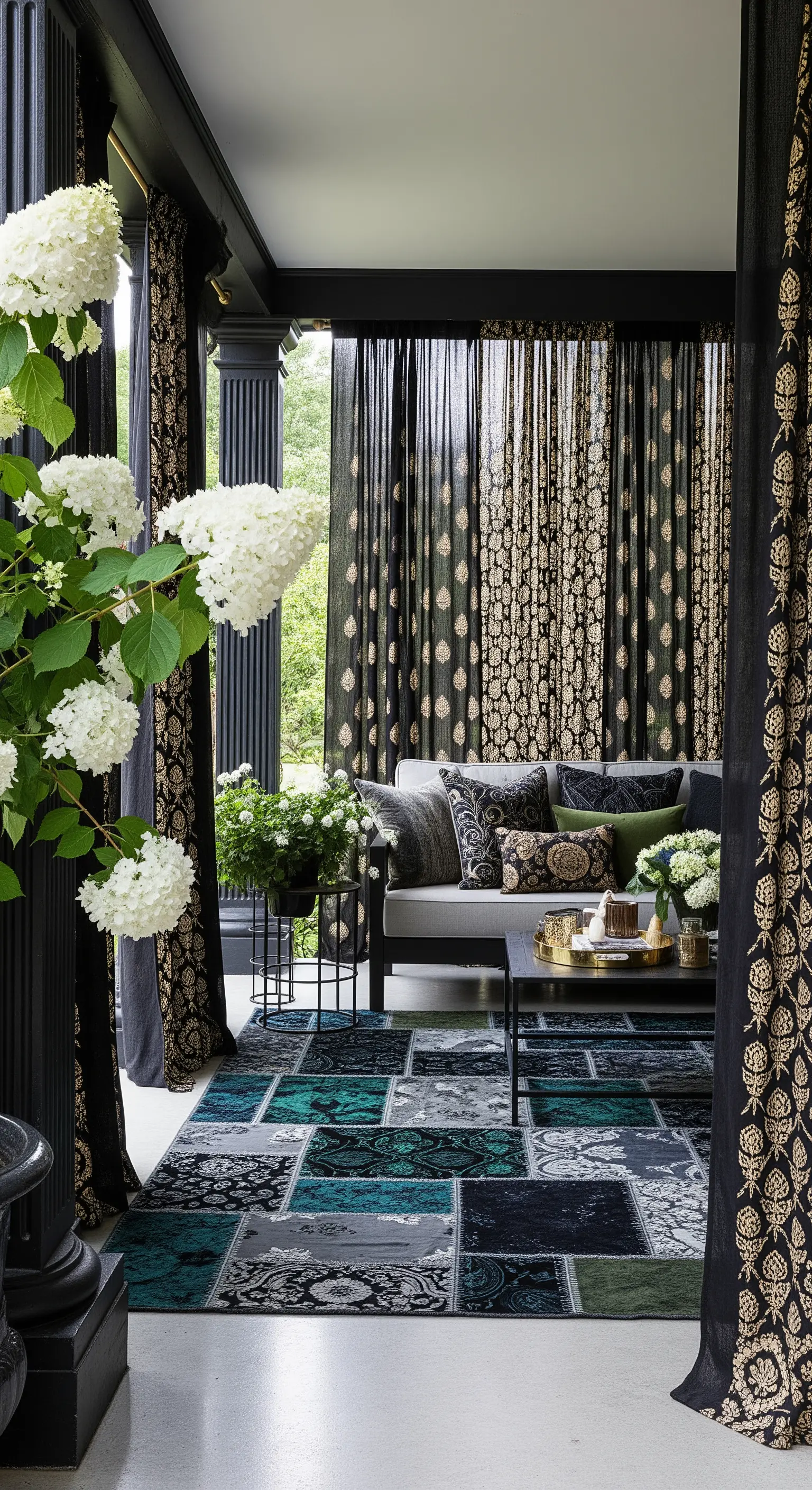 Portico elegante con colonne nere, divano grigio, e tessuti neri e verdi con motivi dorati.