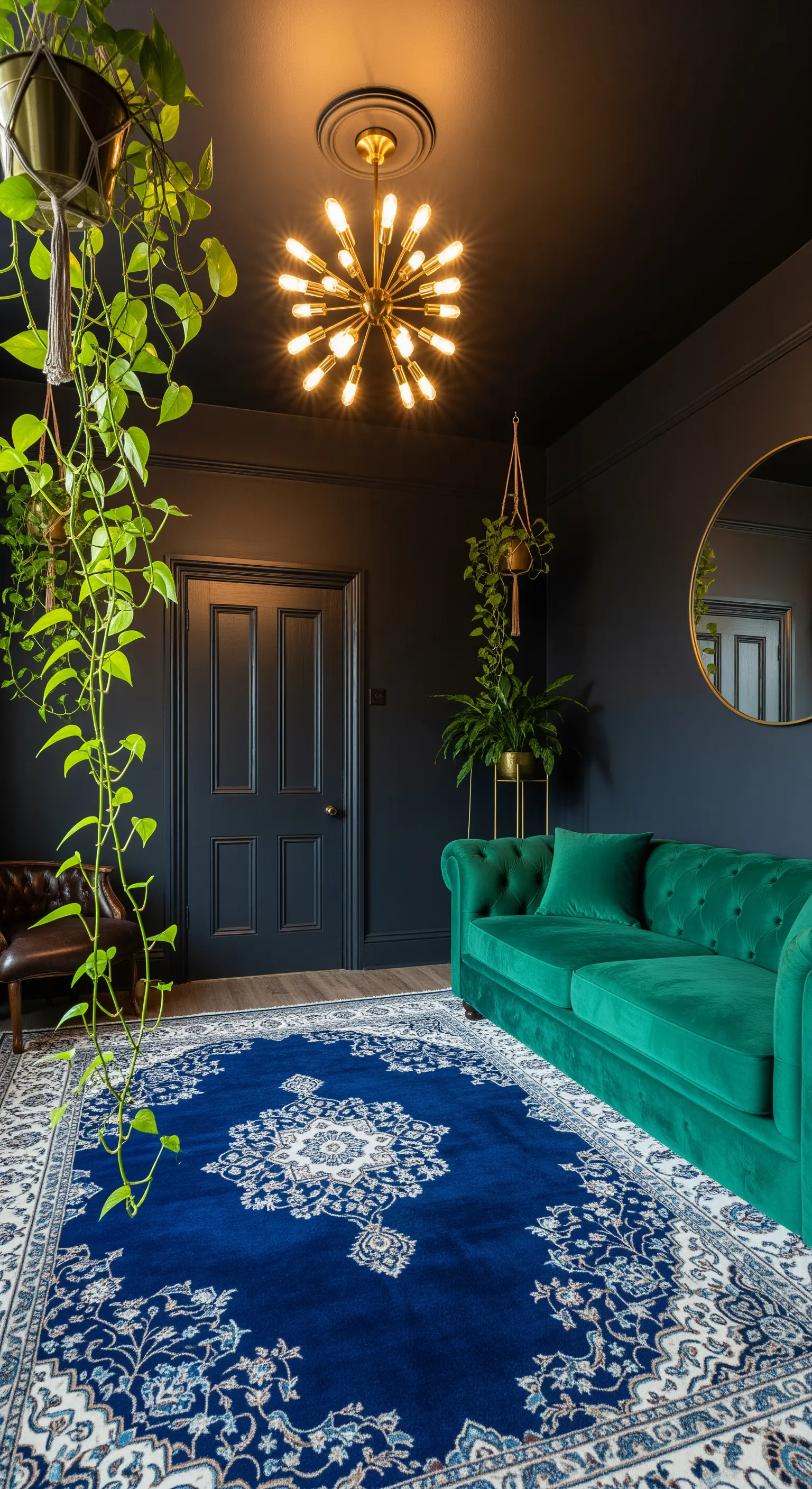 Salotto scuro con divano in velluto verde, tappeto persiano blu e piante sospese a contrasto.