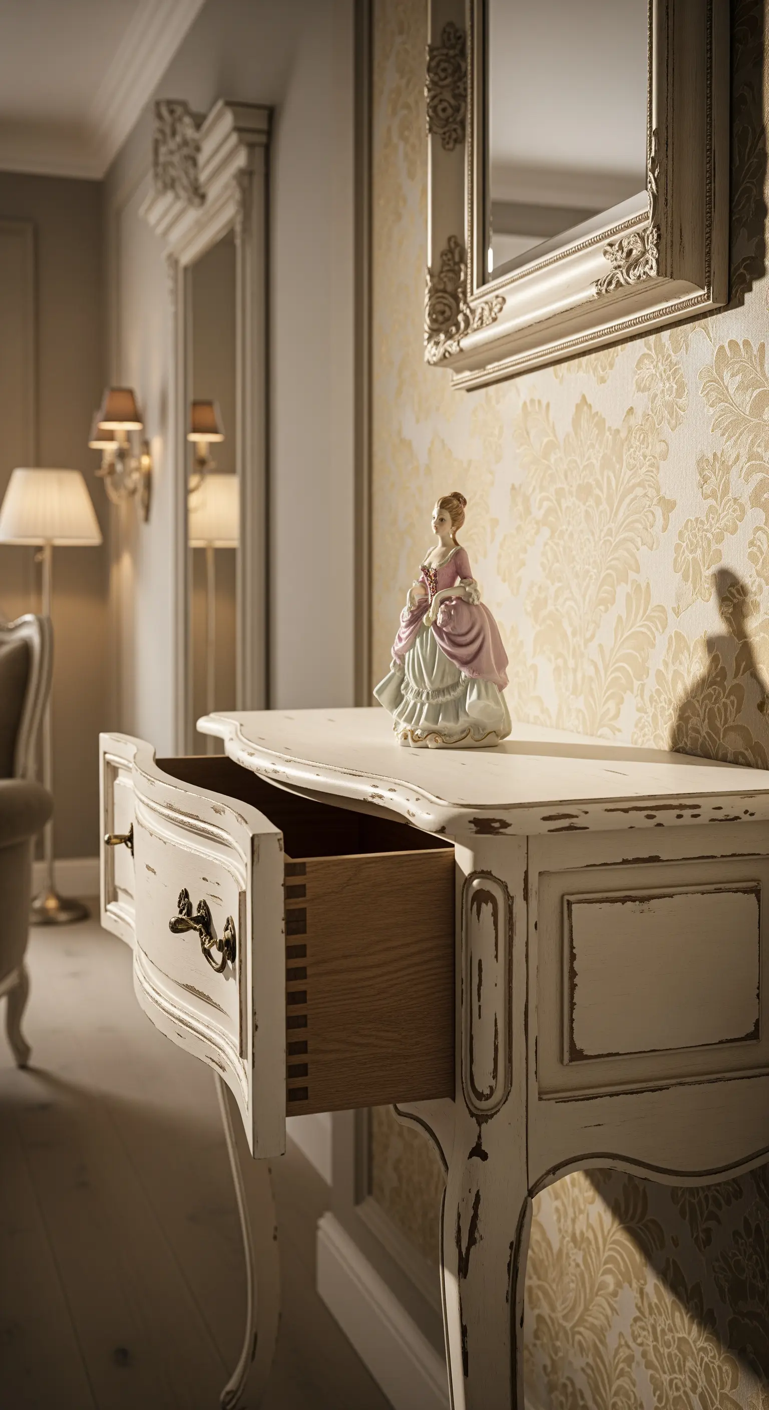 Cassetto aperto di una consolle antica in stile Luigi XVI con finitura bianca decapé.