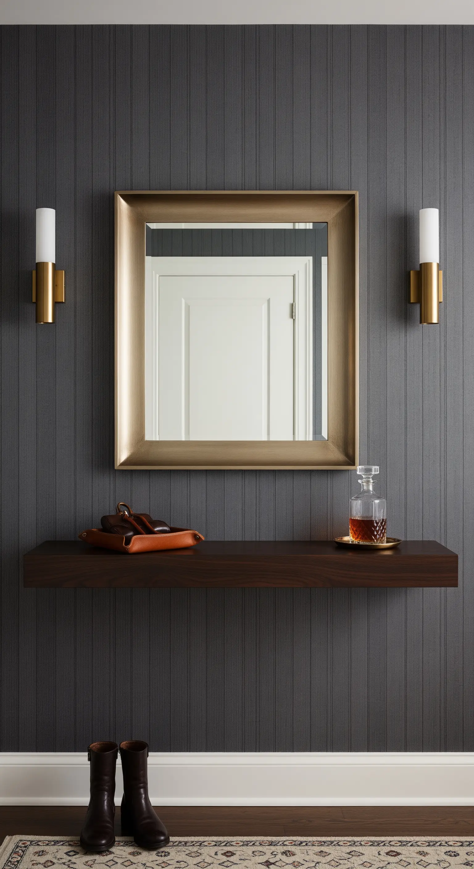 Parete a doghe grigie con specchio quadrato dorato e mensola sospesa in legno scuro.