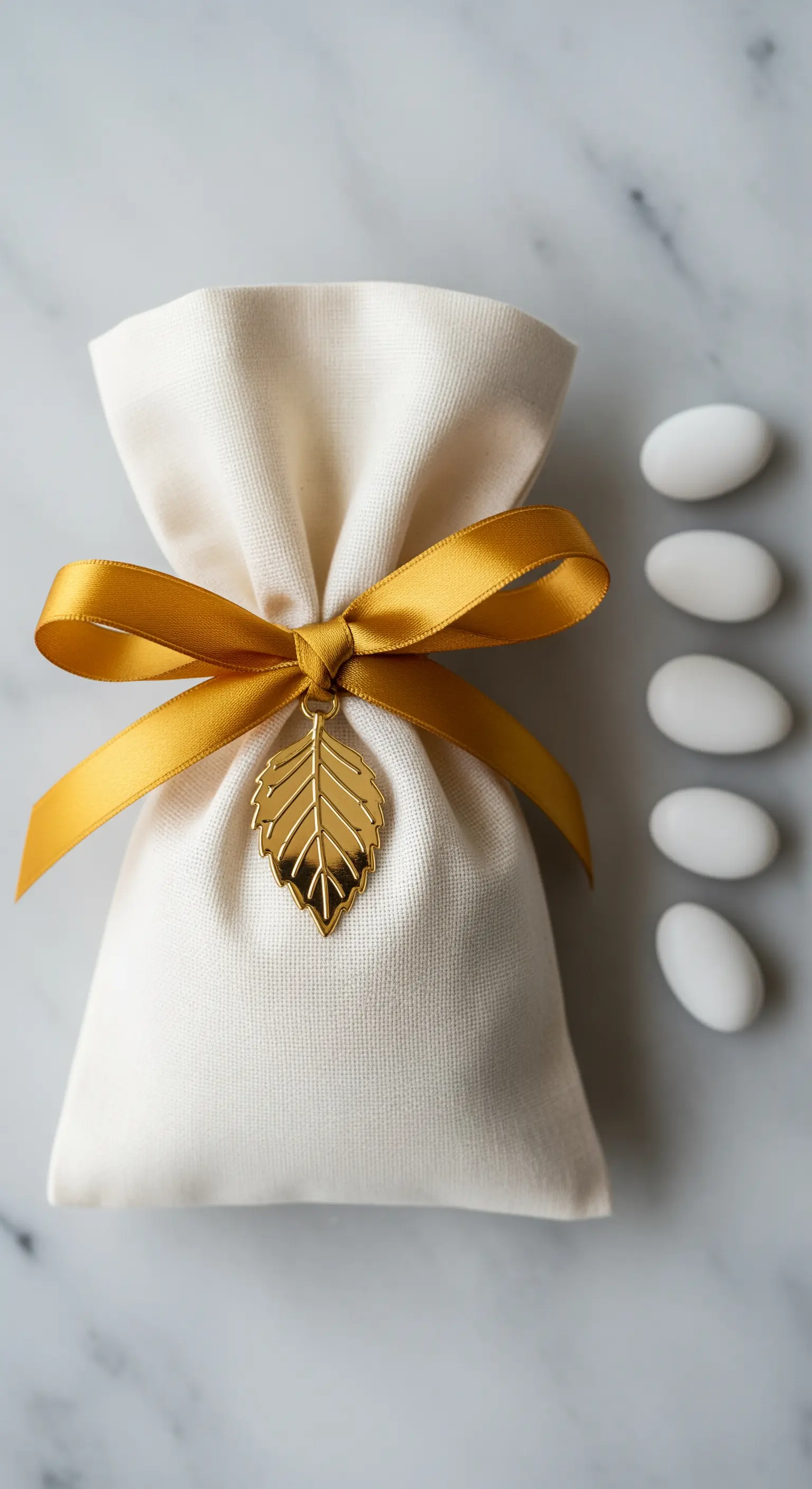 Bomboniera in lino color avorio chiusa da un nastro di raso ocra e un ciondolo dorato a forma di foglia.