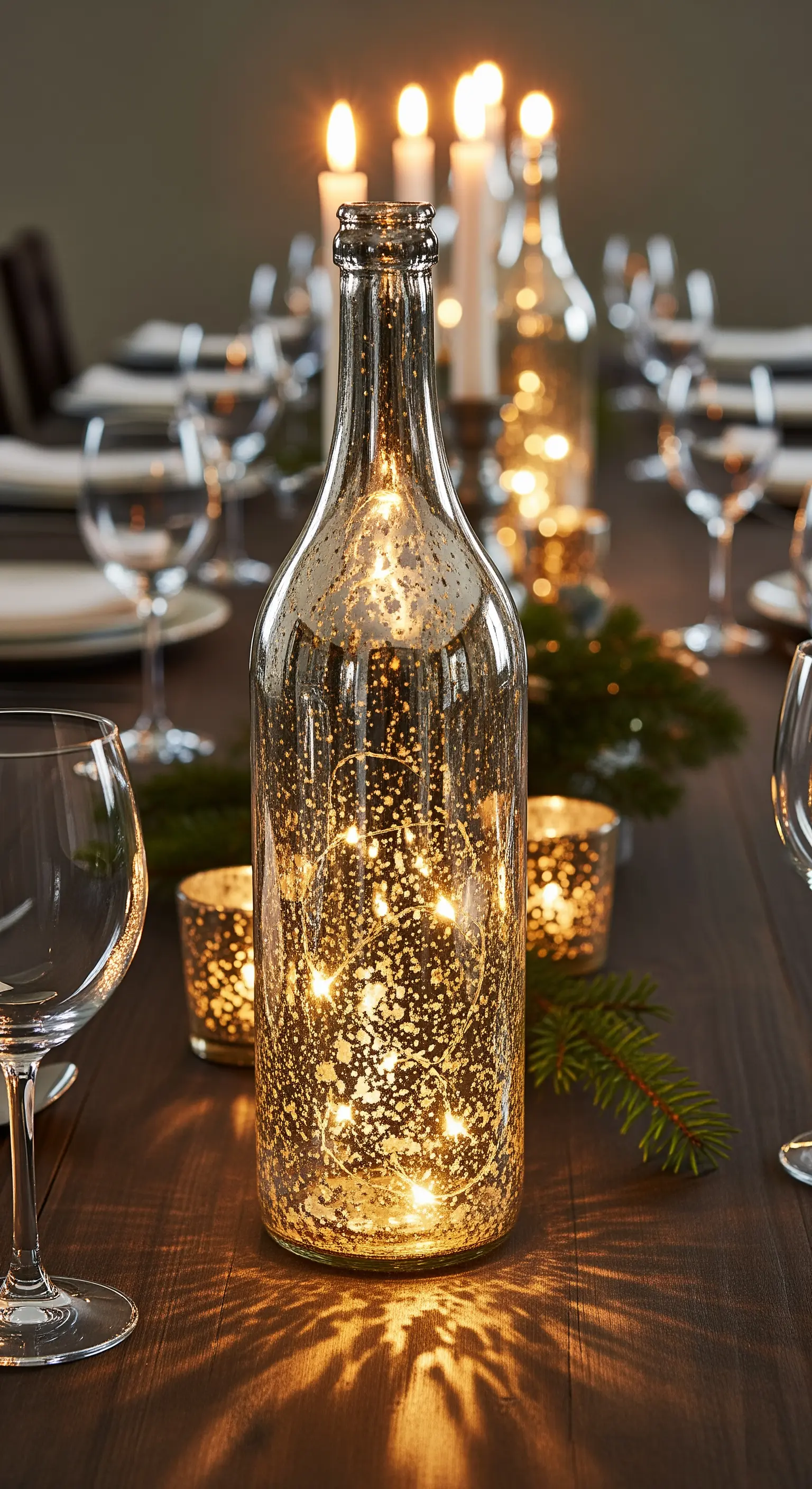 Bottiglia di vetro con finitura a effetto mercurio argentato, illuminata da lucine calde.