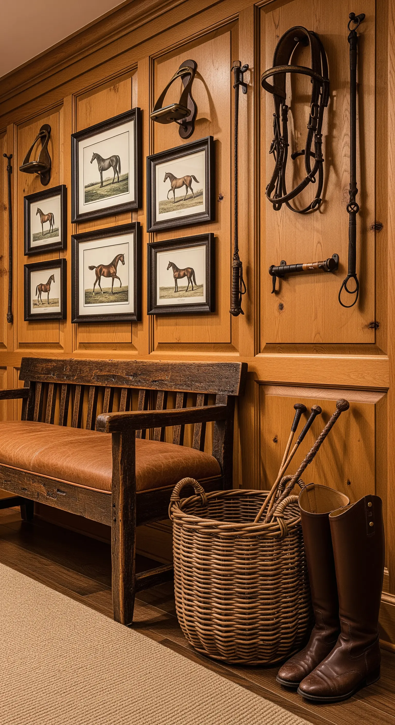 Ingresso a tema equestre con panca in legno e cuoio, boiserie e stampe di cavalli.