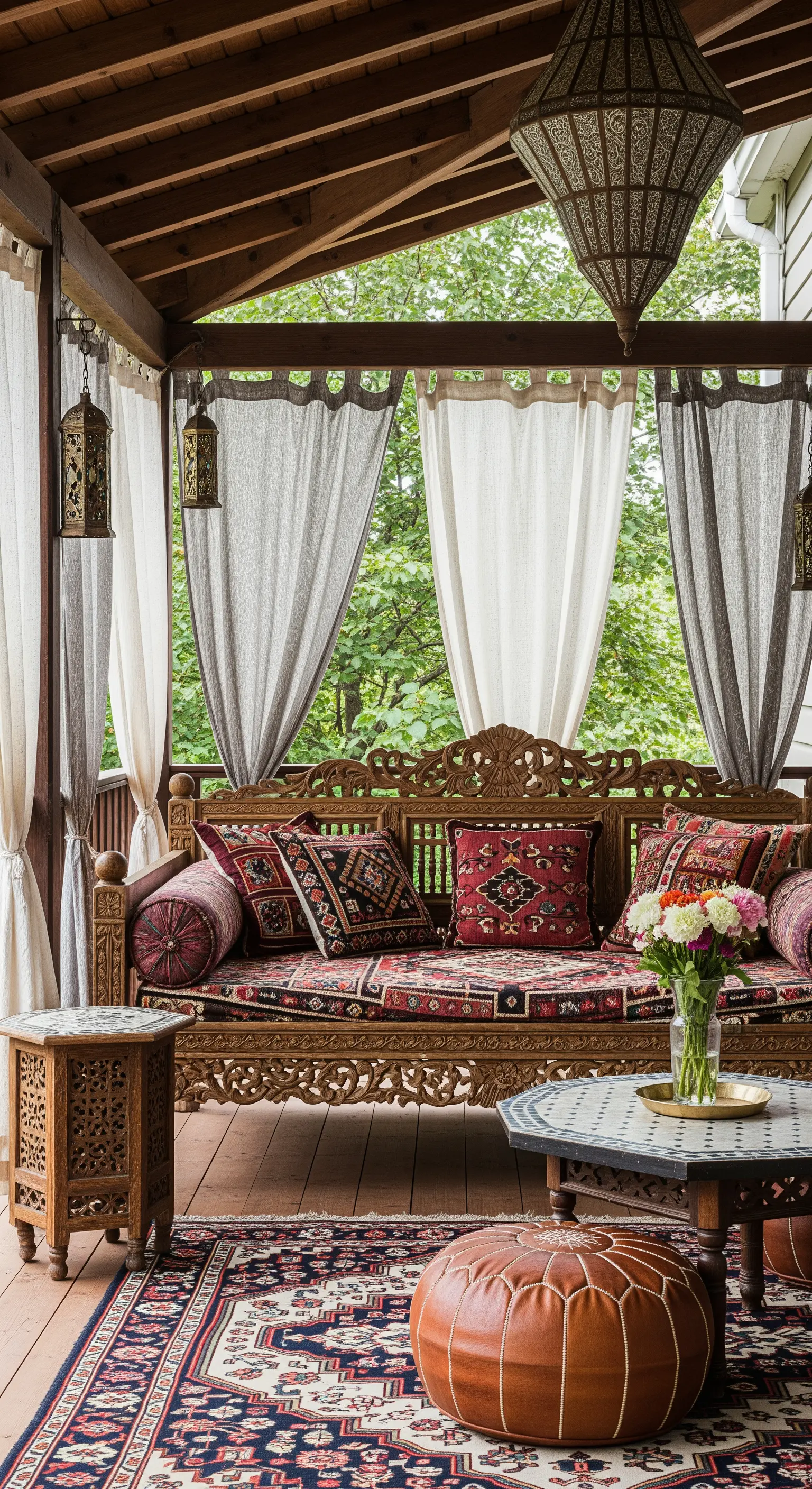 Veranda con divano in legno intagliato, cuscini etnici, lanterne marocchine e pouf in pelle.