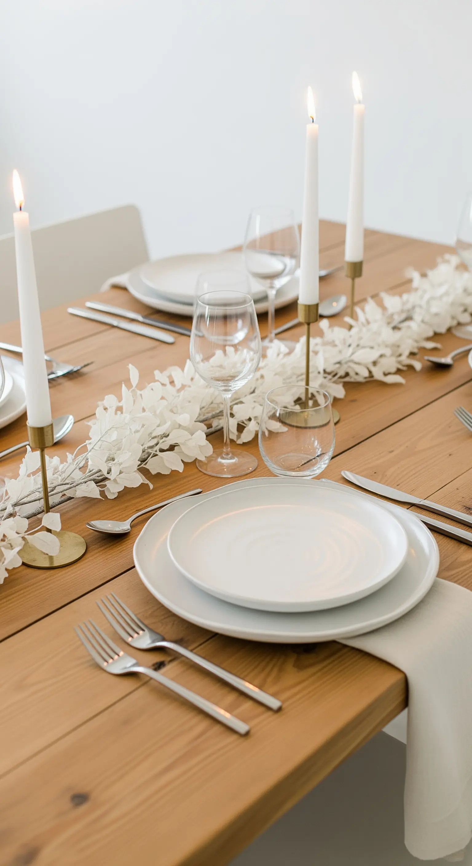 Tavola in legno con runner di foliage bianco, piatti candidi e candele sottili su portacandele dorati.