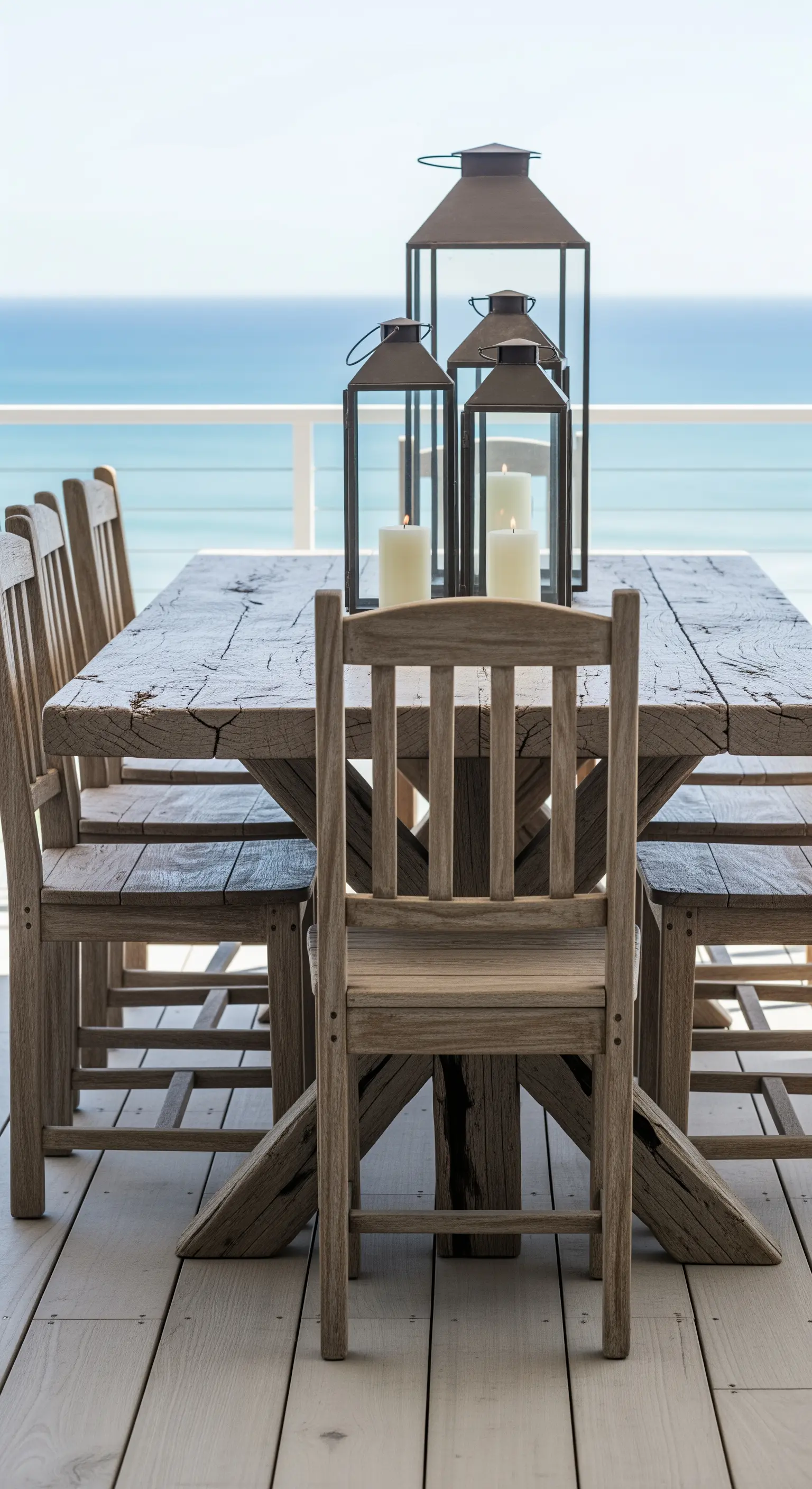 Tavolo da pranzo in legno invecchiato con lanterne minimaliste come centrotavola, vista mare.