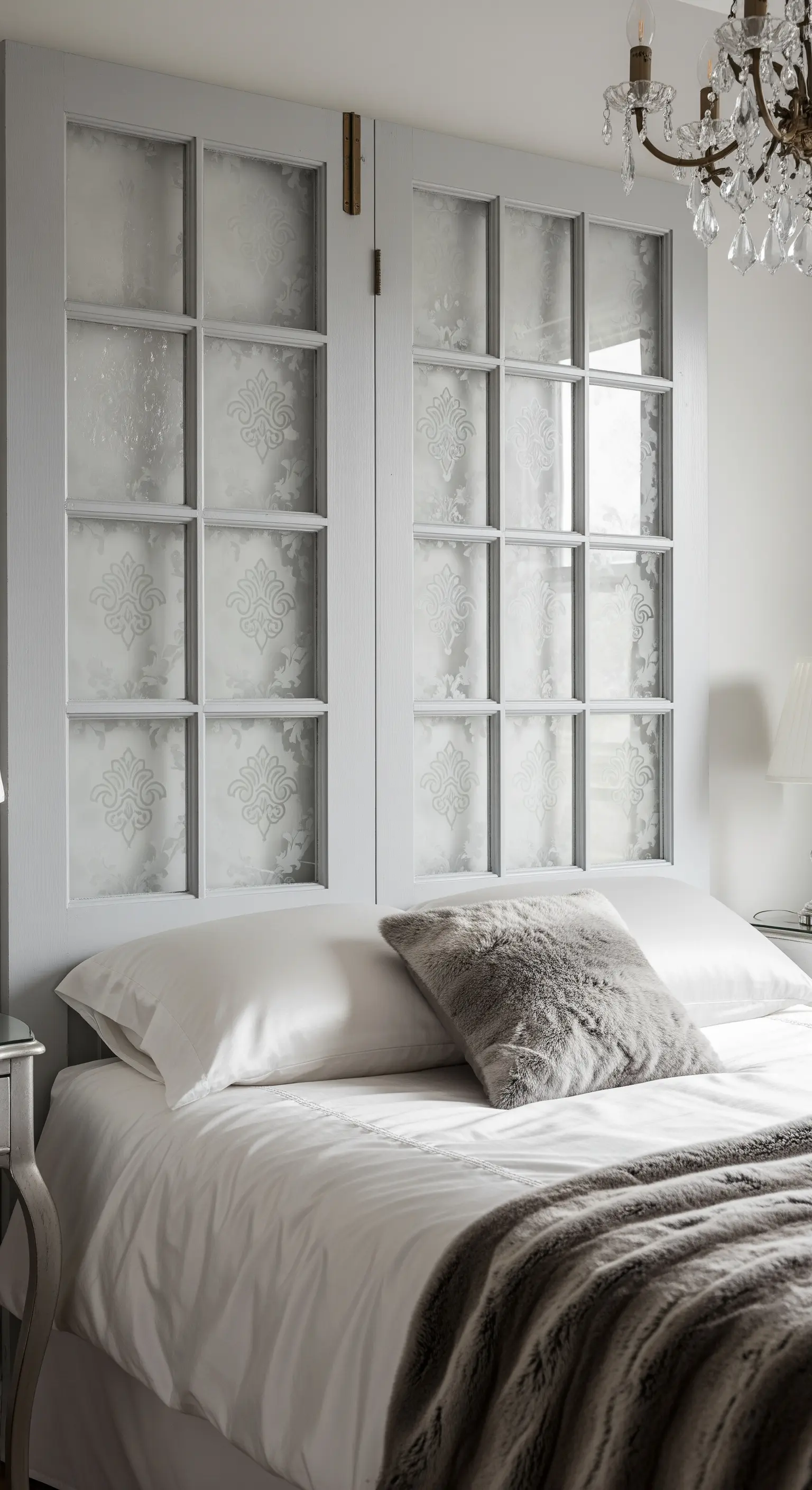 Coppia di porte a vetri grigie con pellicola satinata a motivi damascati sui vetri.