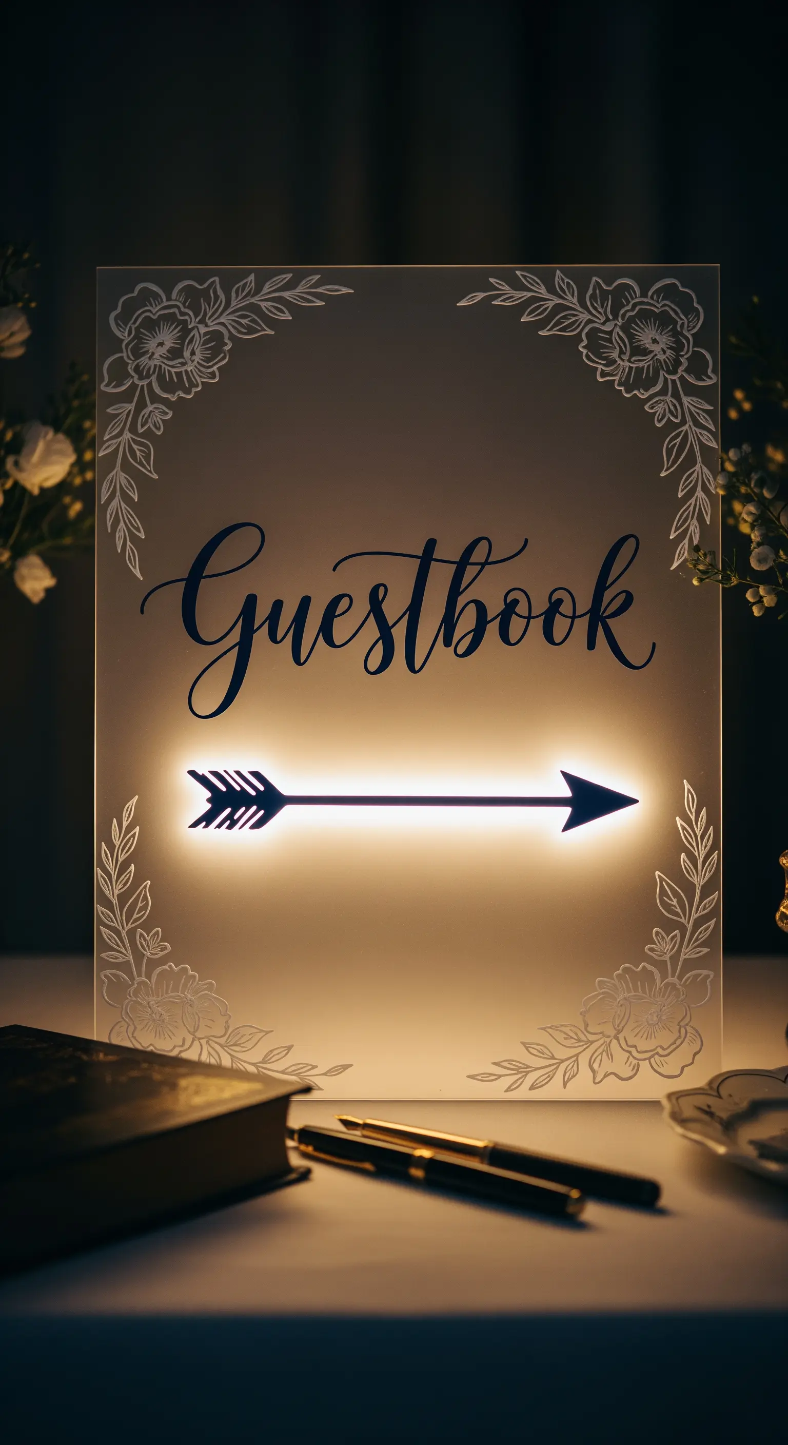 Cartello in acrilico satinato per guestbook con freccia illuminata e incisioni floreali.