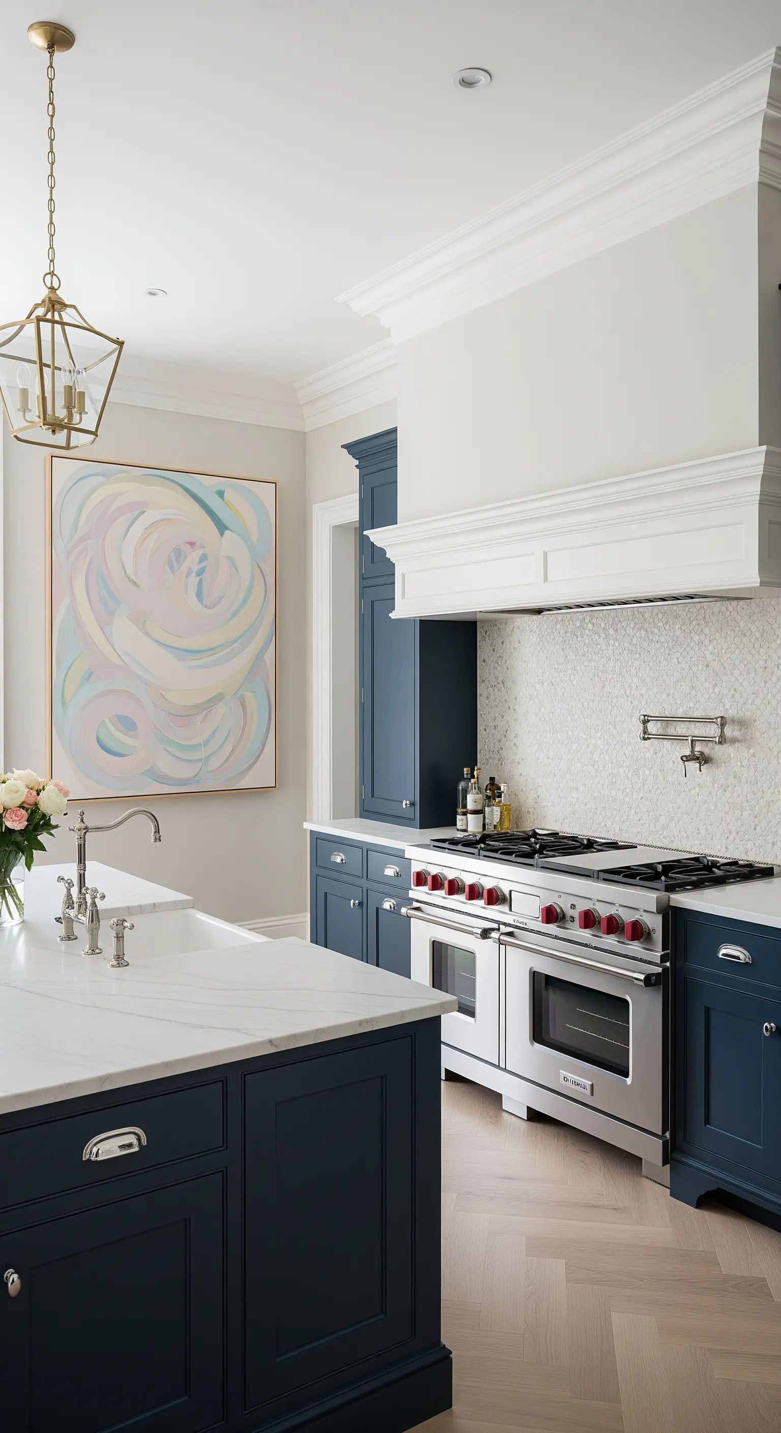 Cucina elegante con mobili blu scuro e un grande quadro astratto dai colori pastello.