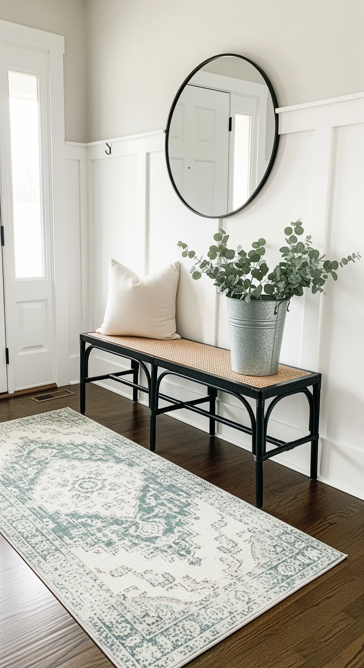 Panca in rattan nero su una parete con boiserie bianca e specchio rotondo.