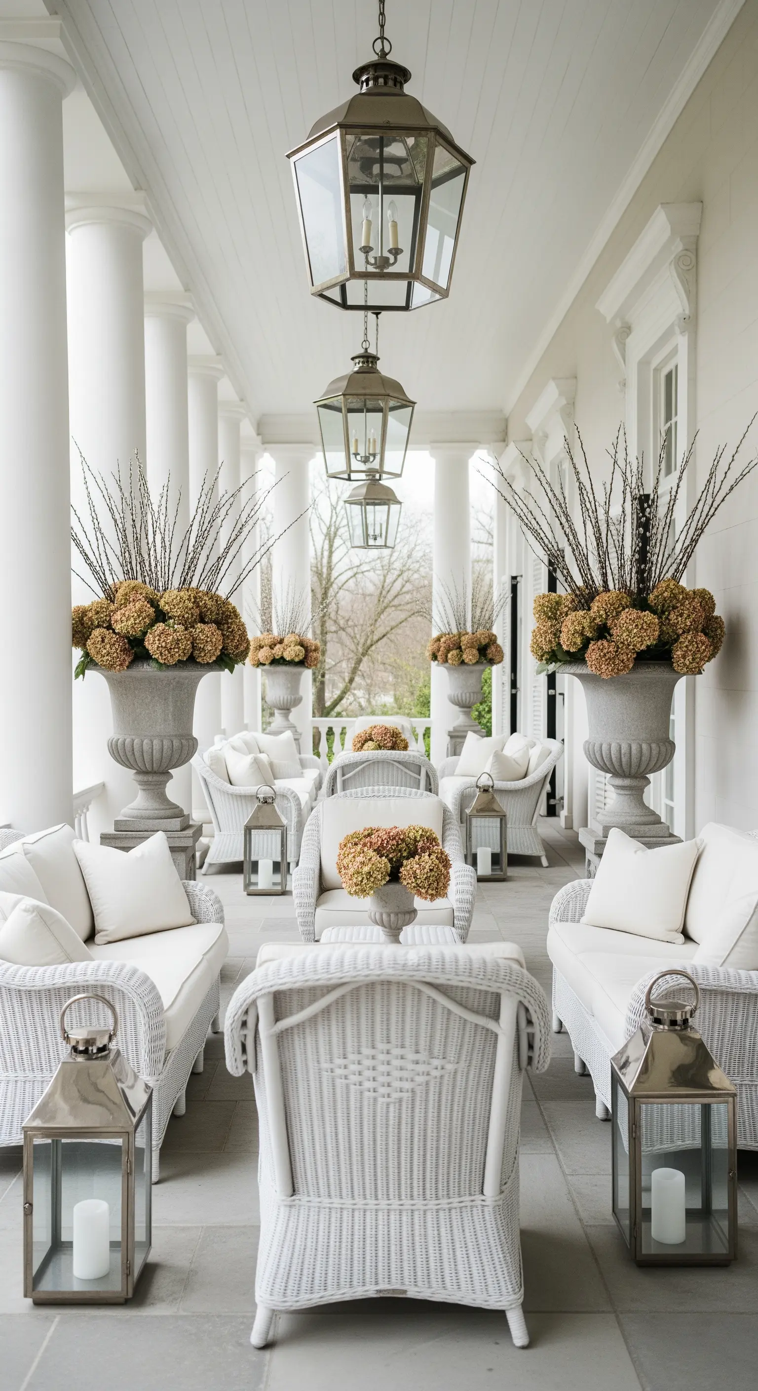 Veranda classica ed elegante con arredi in vimini bianco disposti in modo simmetrico.