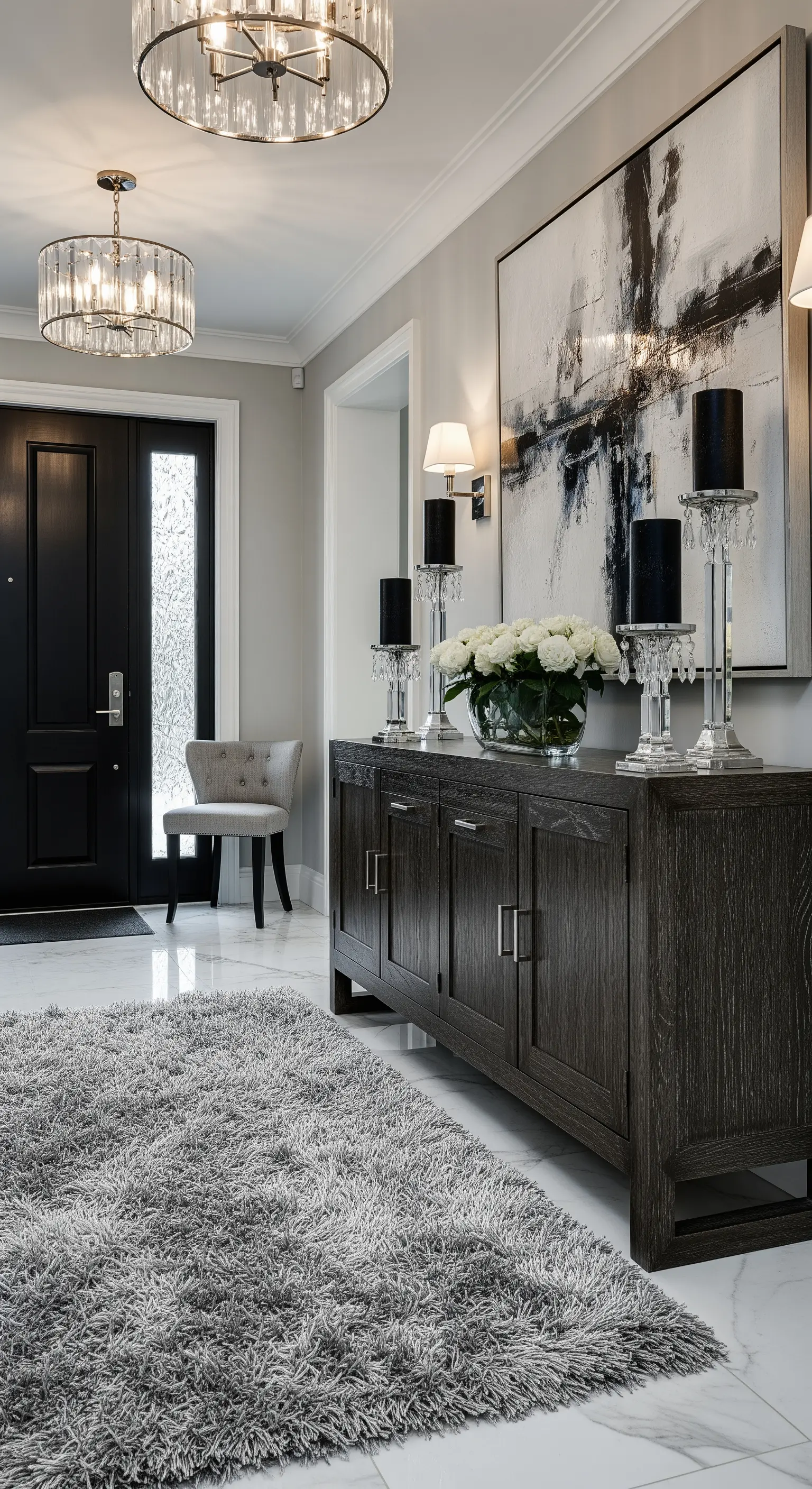Ingresso elegante con credenza scura, tappeto grigio, grande quadro astratto e candelabri in cristallo.
