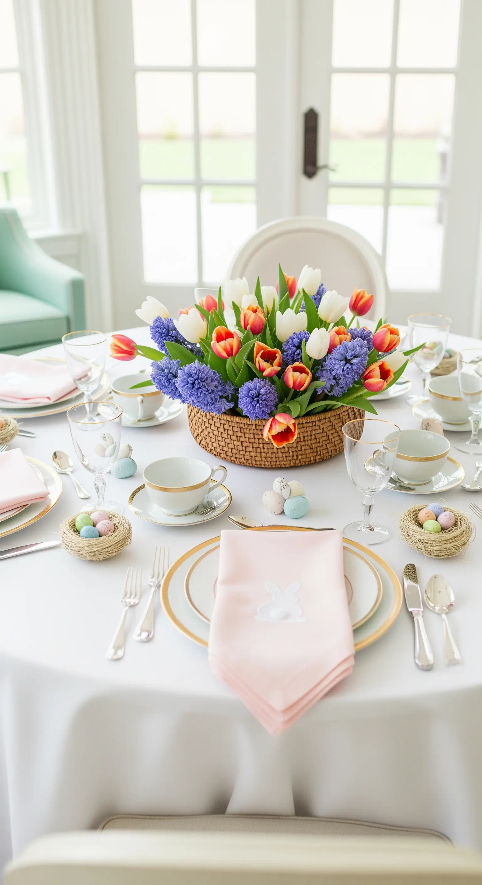 Tavola pasquale elegante con tulipani, nidi segnaposto e tovaglioli rosa.