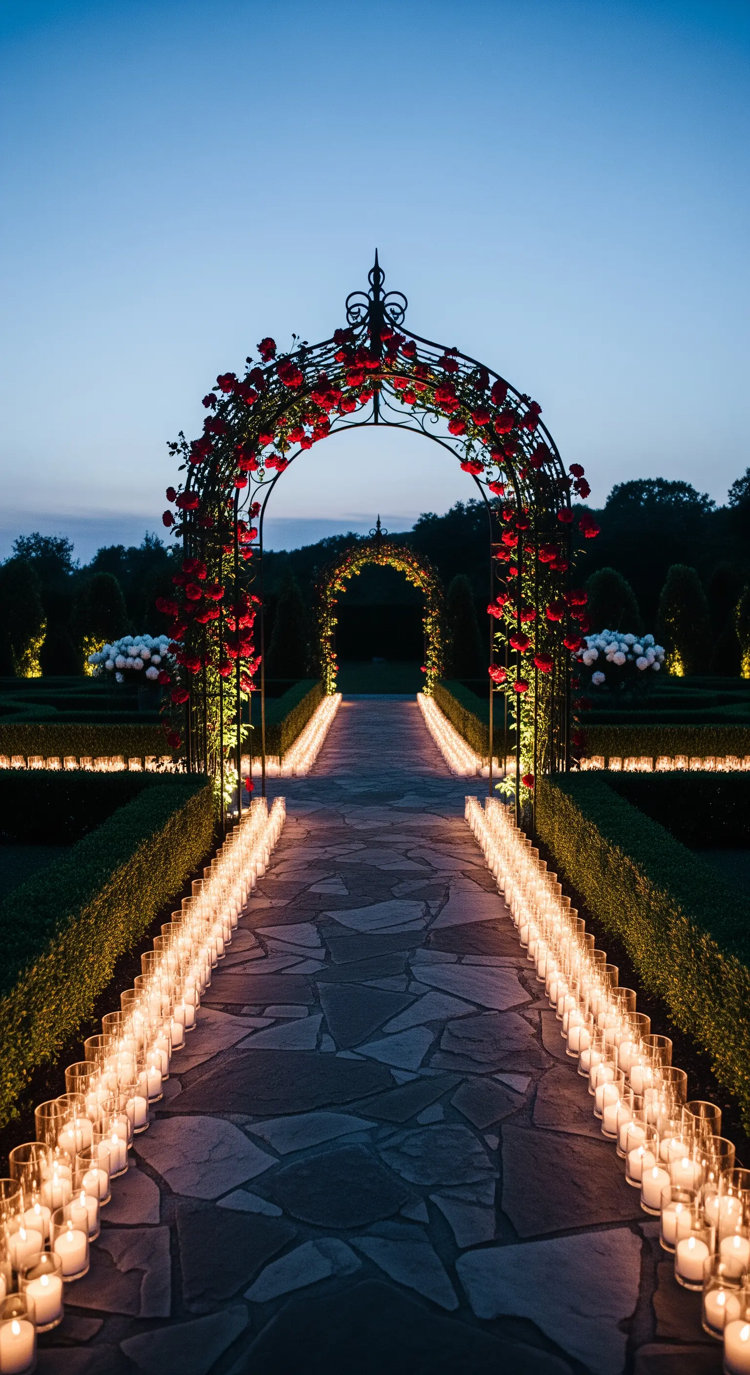 Arco in ferro battuto nero con rose rosse, su un viale lastricato illuminato da file di candele.