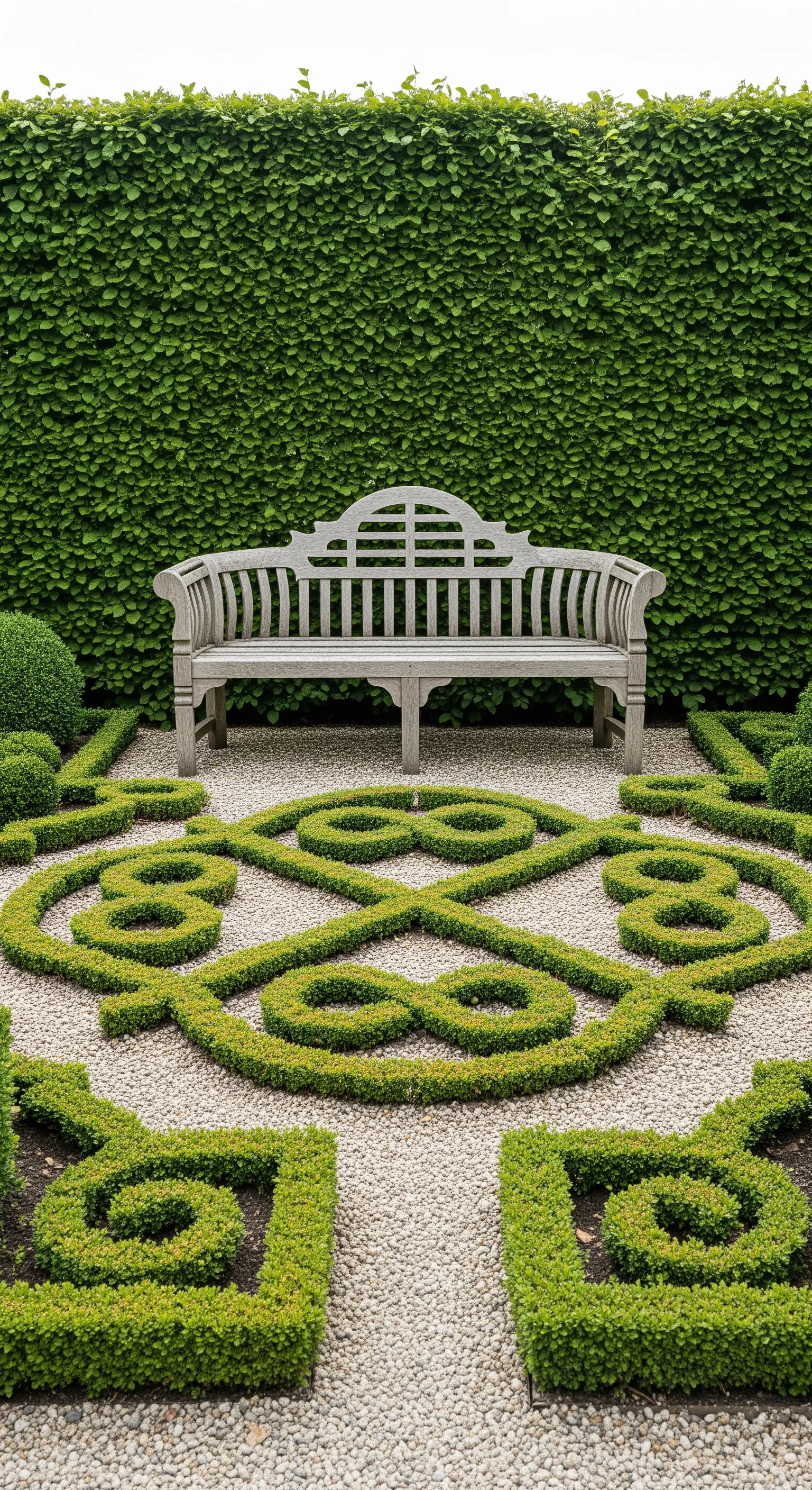 Panchina Lutyens in legno chiaro al centro di un giardino formale con siepi potate e ghiaia.
