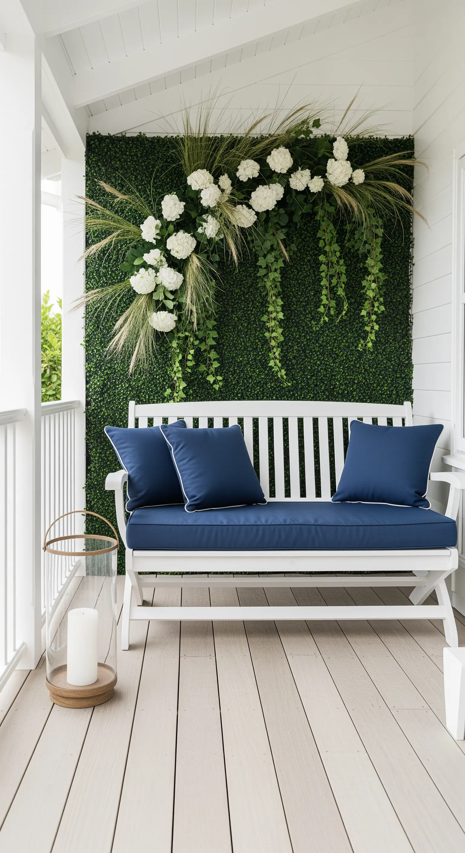 Panchina bianca con cuscini blu di fronte a una parete verde decorata con fiori bianchi.