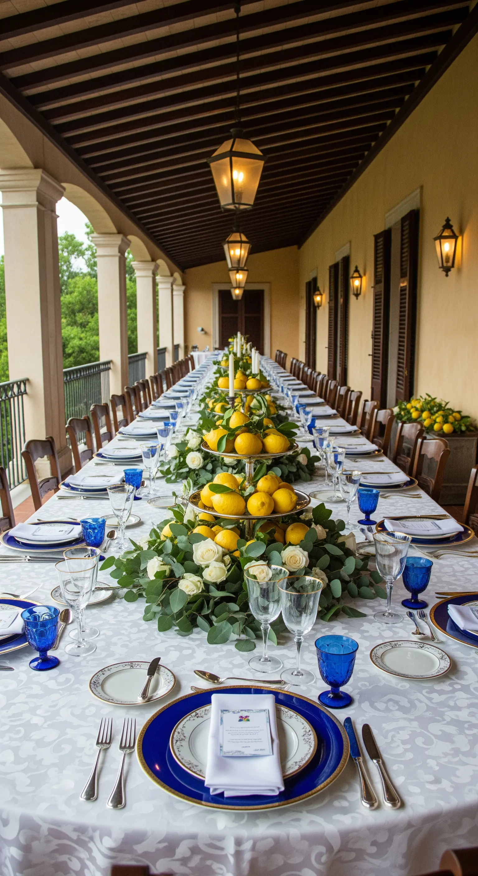 Tavola imperiale formale con tovaglia damascata, alzate in argento e rose bianche.
