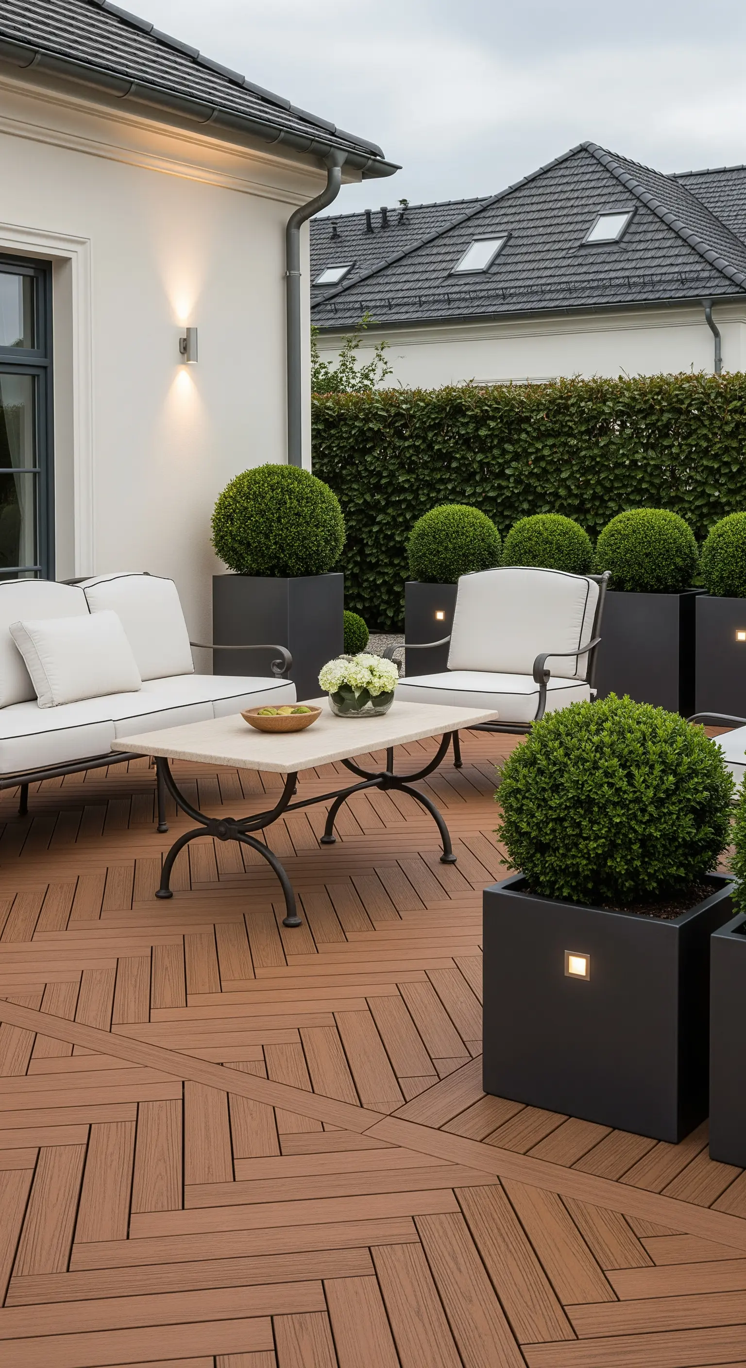 Patio elegante con pavimento a motivi geometrici, arredi bianchi e bossi in vasi neri.