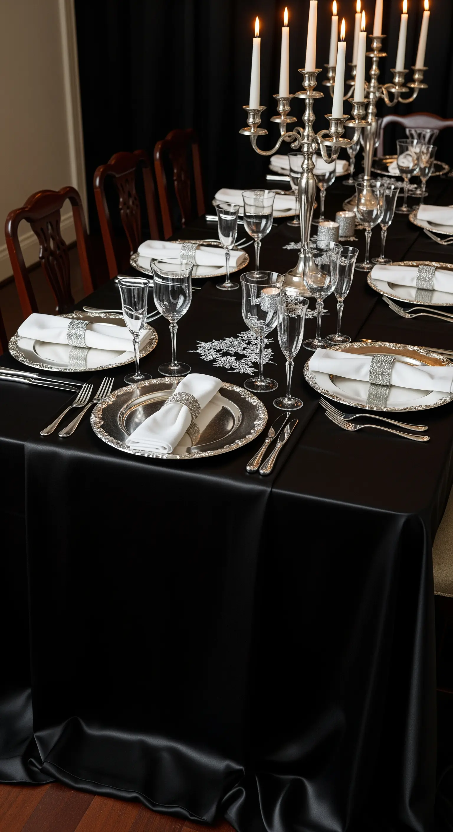 Tavola di Capodanno formale con tovaglia nera satinata e candelabri d'argento.