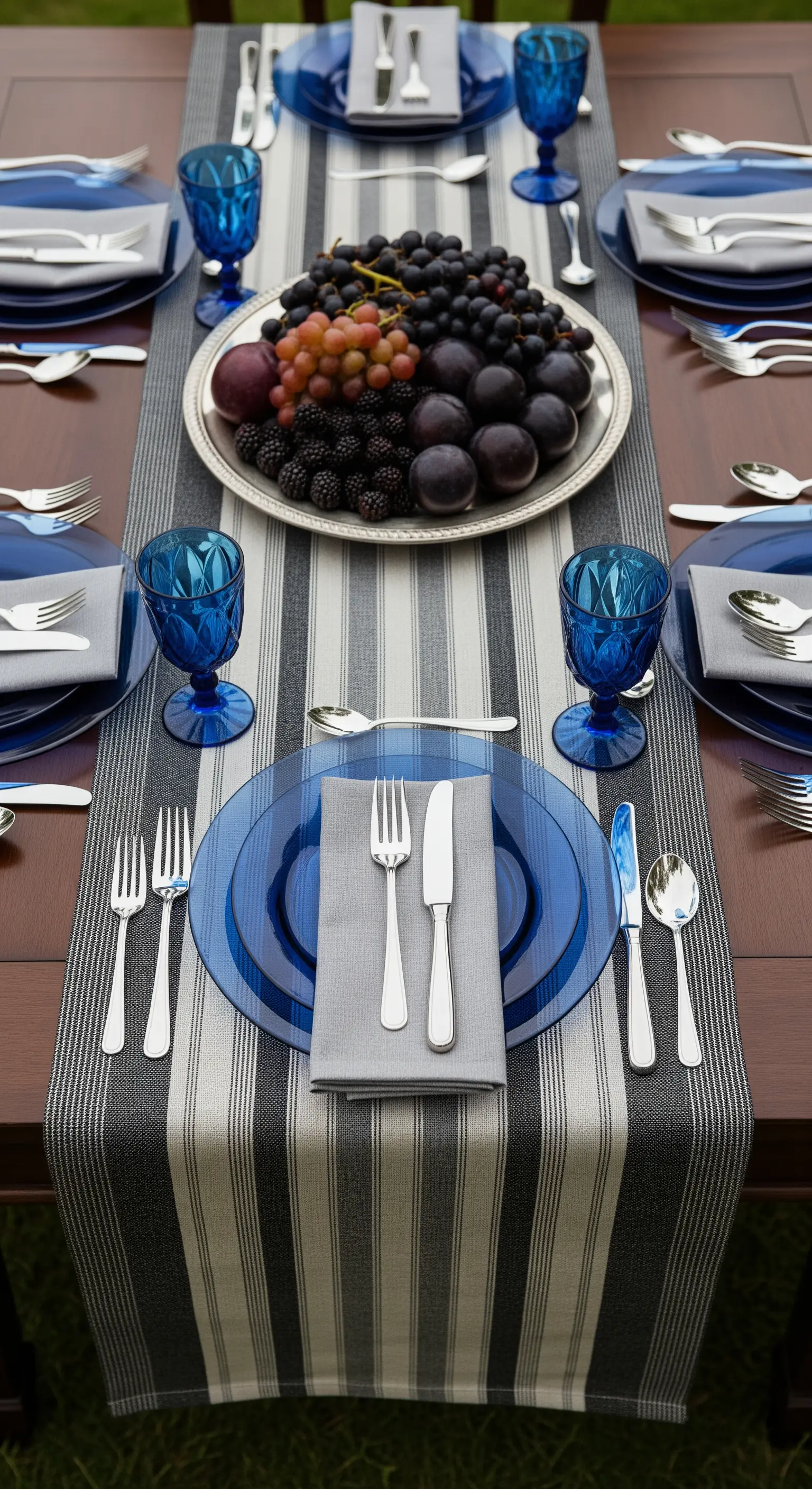 Tavola elegante con runner a righe grigie, piatti blu e un vassoio d'argento con frutta scura.