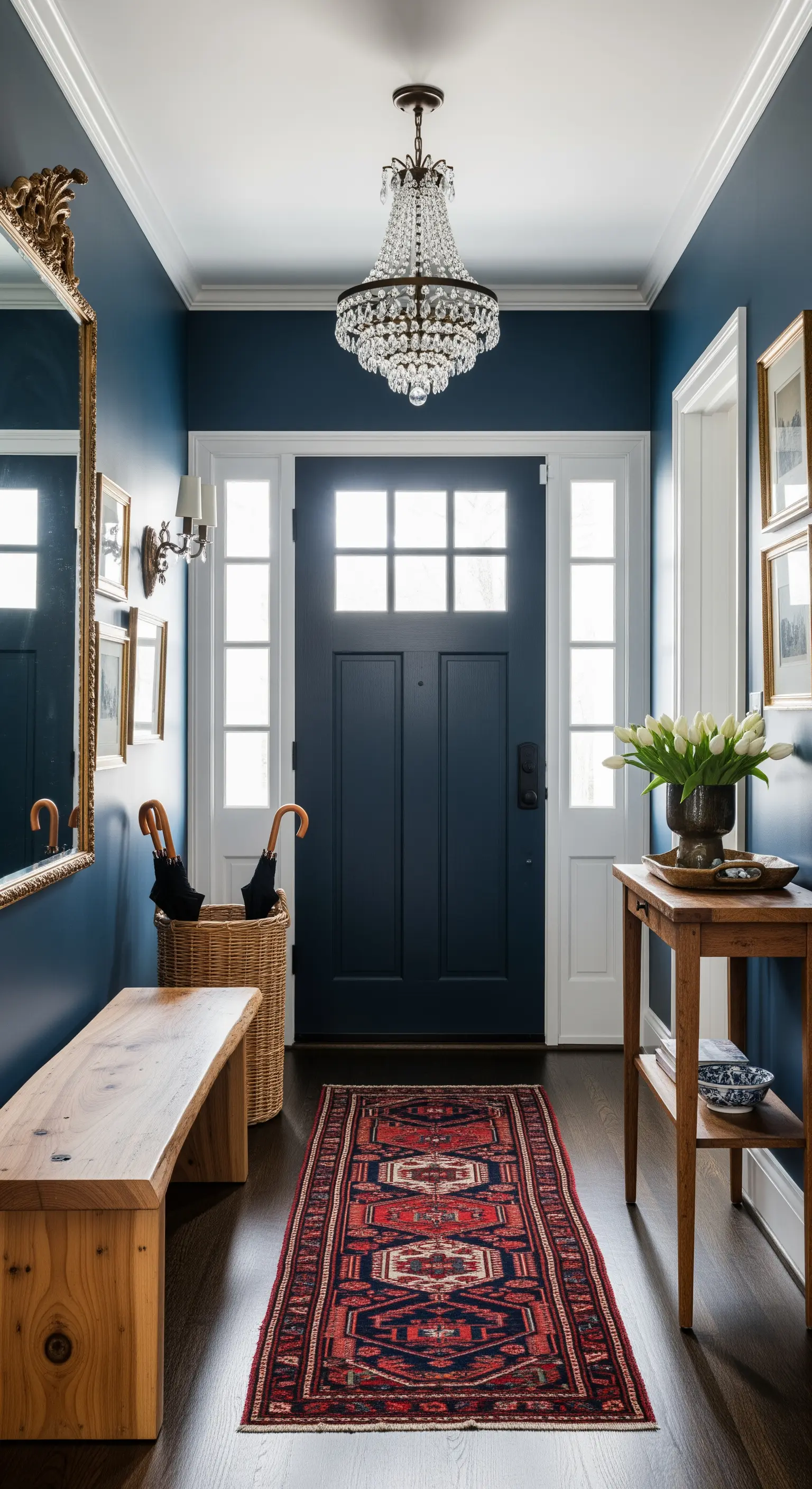 Ingresso formale con pareti blu, panca in legno, lampadario di cristallo e tappeto persiano.
