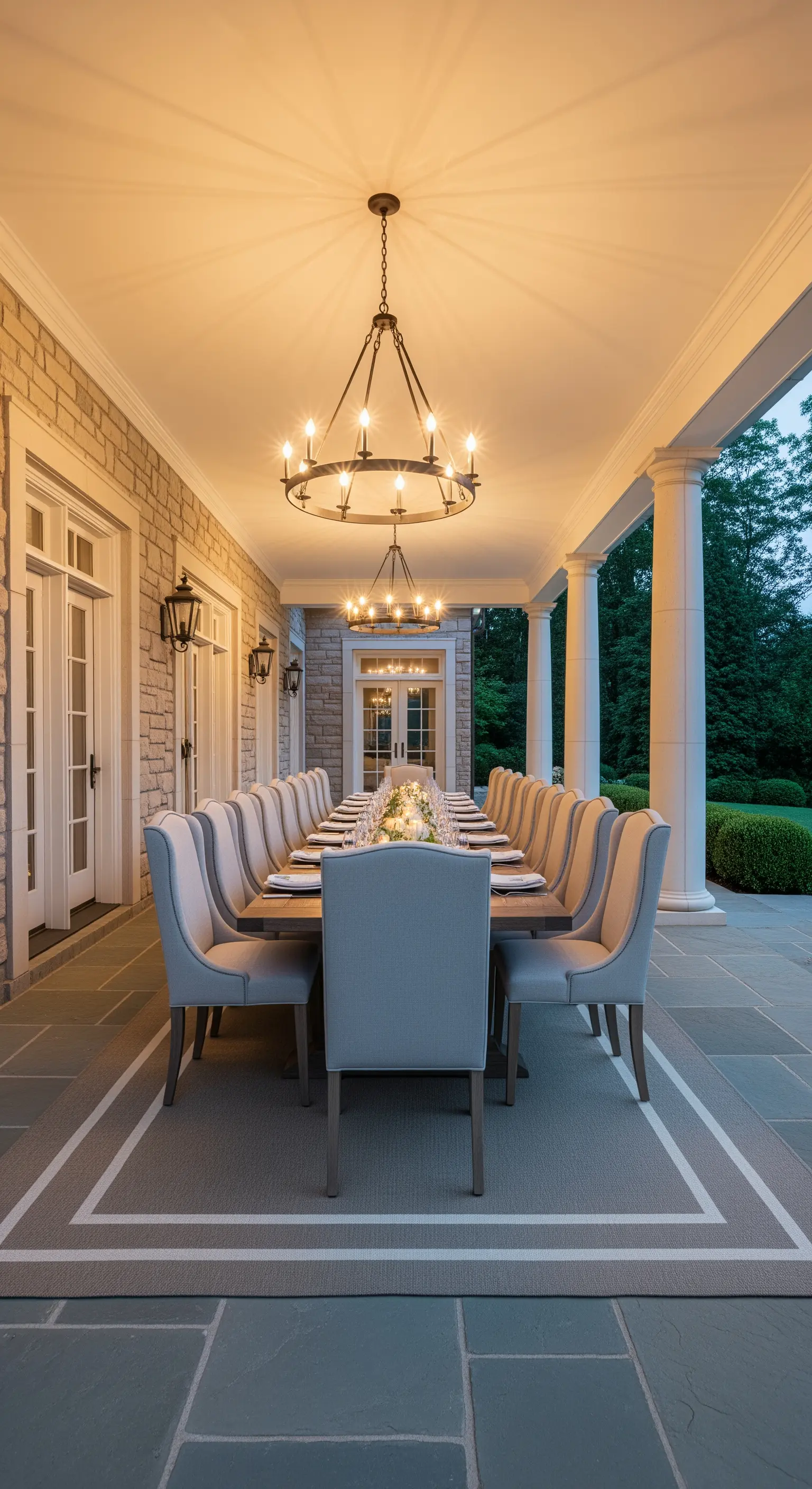 Lungo portico con tavolo imperiale, sedie imbottite e grandi lampadari a sospensione.