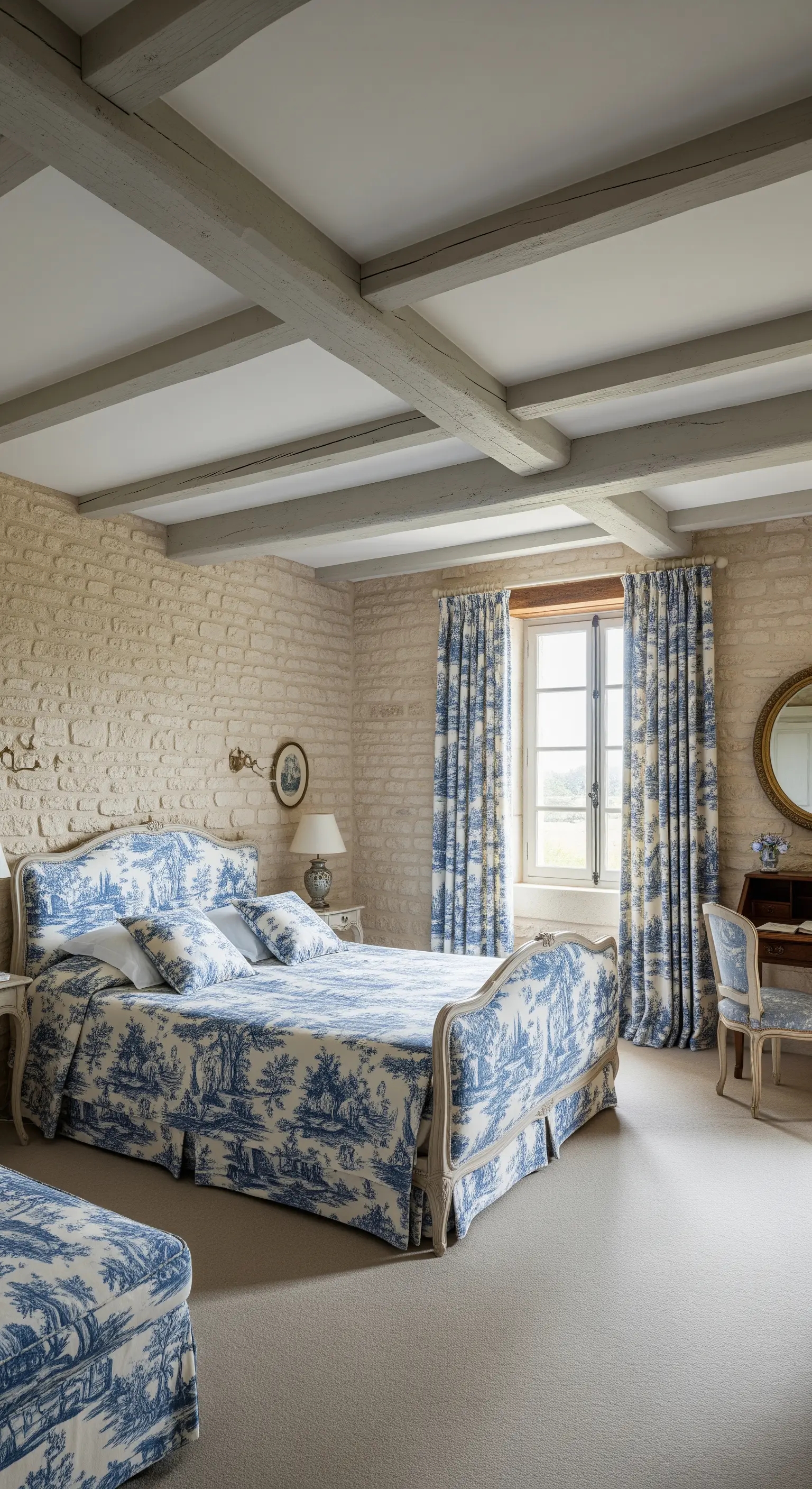 Camera da letto in stile francese con pareti in pietra, travi grigie e tessuti Toile de Jouy.