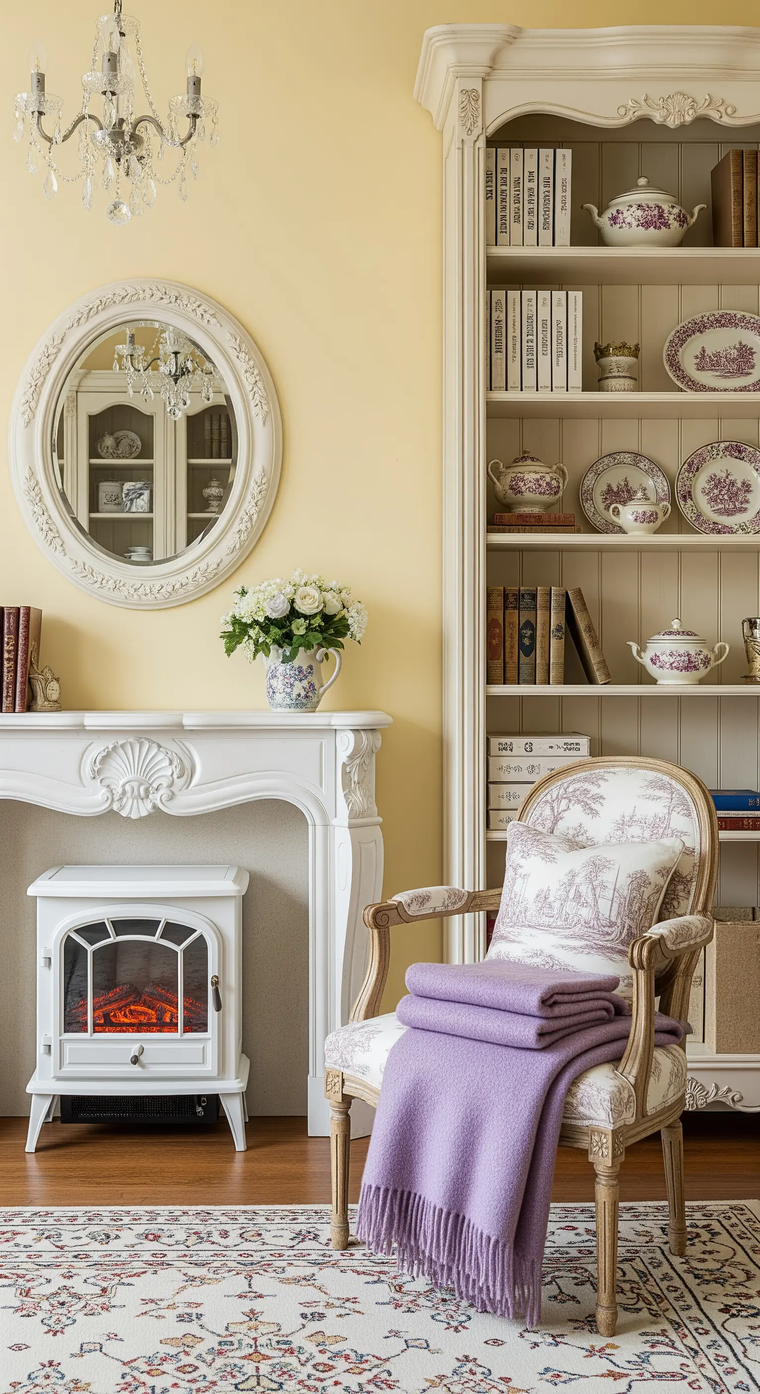 Angolo lettura in stile francese con poltrona Toile de Jouy e camino bianco ornato.