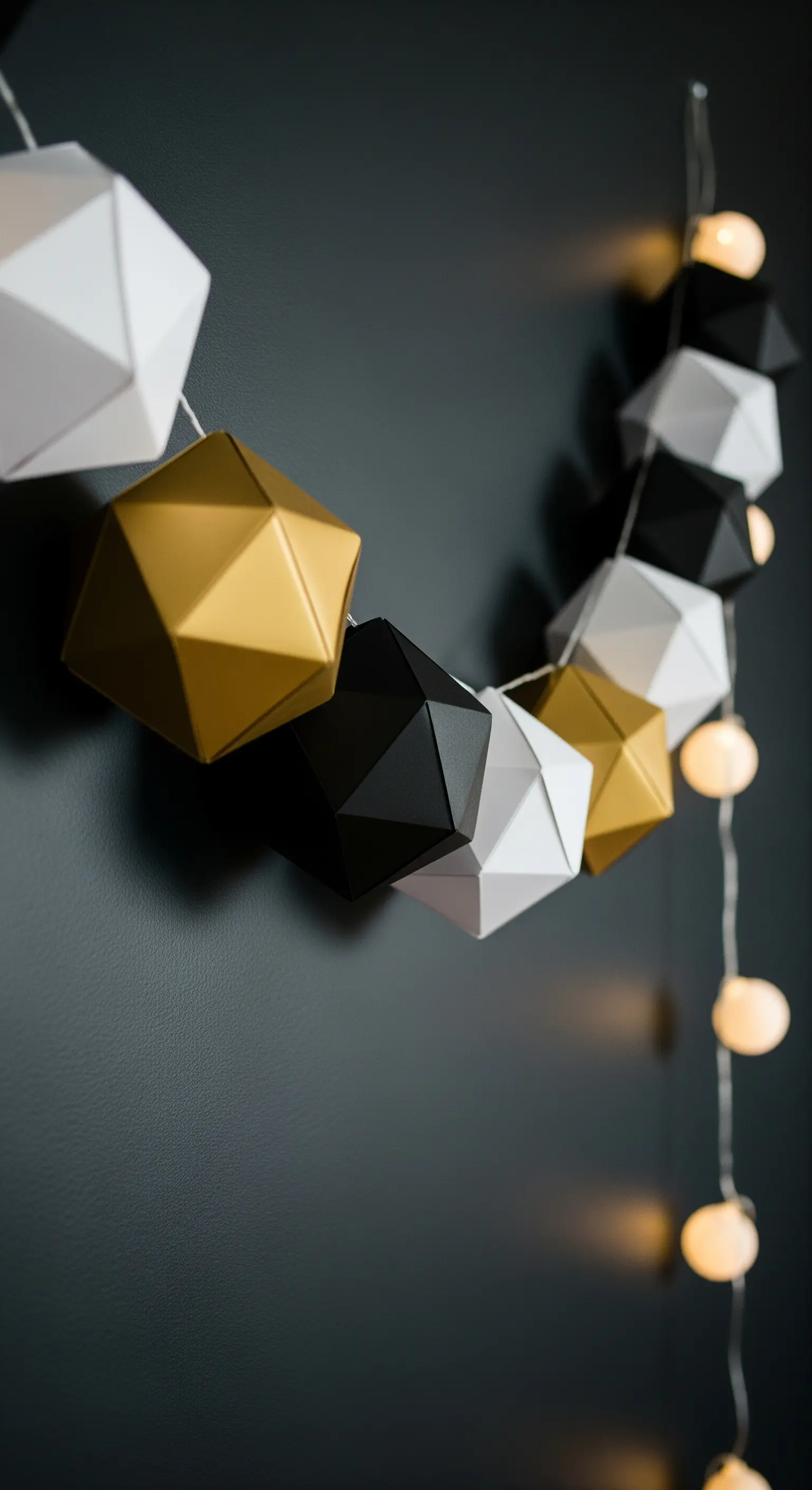 Ghirlanda di forme geometriche 3D in carta oro, nera e bianca su una parete scura.