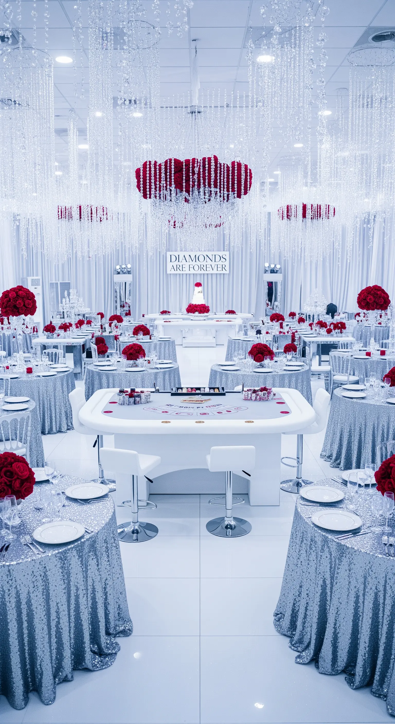 Allestimento per evento di lusso con tavoli argentati, sedie bianche e centrotavola di rose rosse.