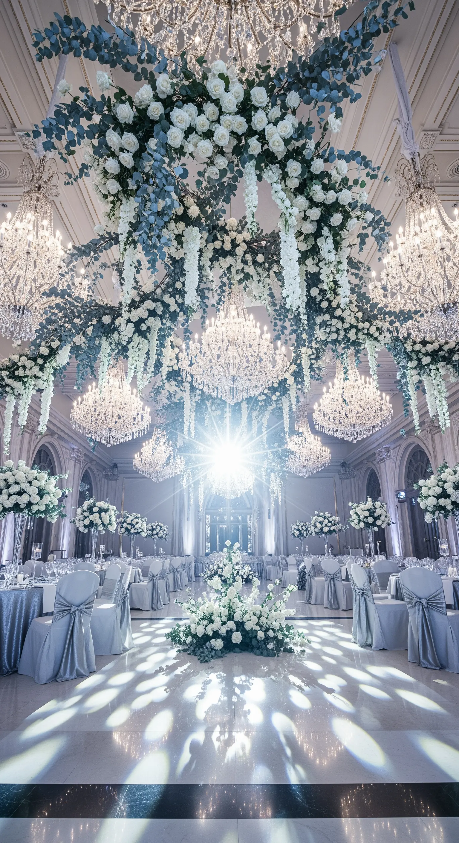 Grandi lampadari di cristallo in una sala da ballo circondati da composizioni di rose bianche.