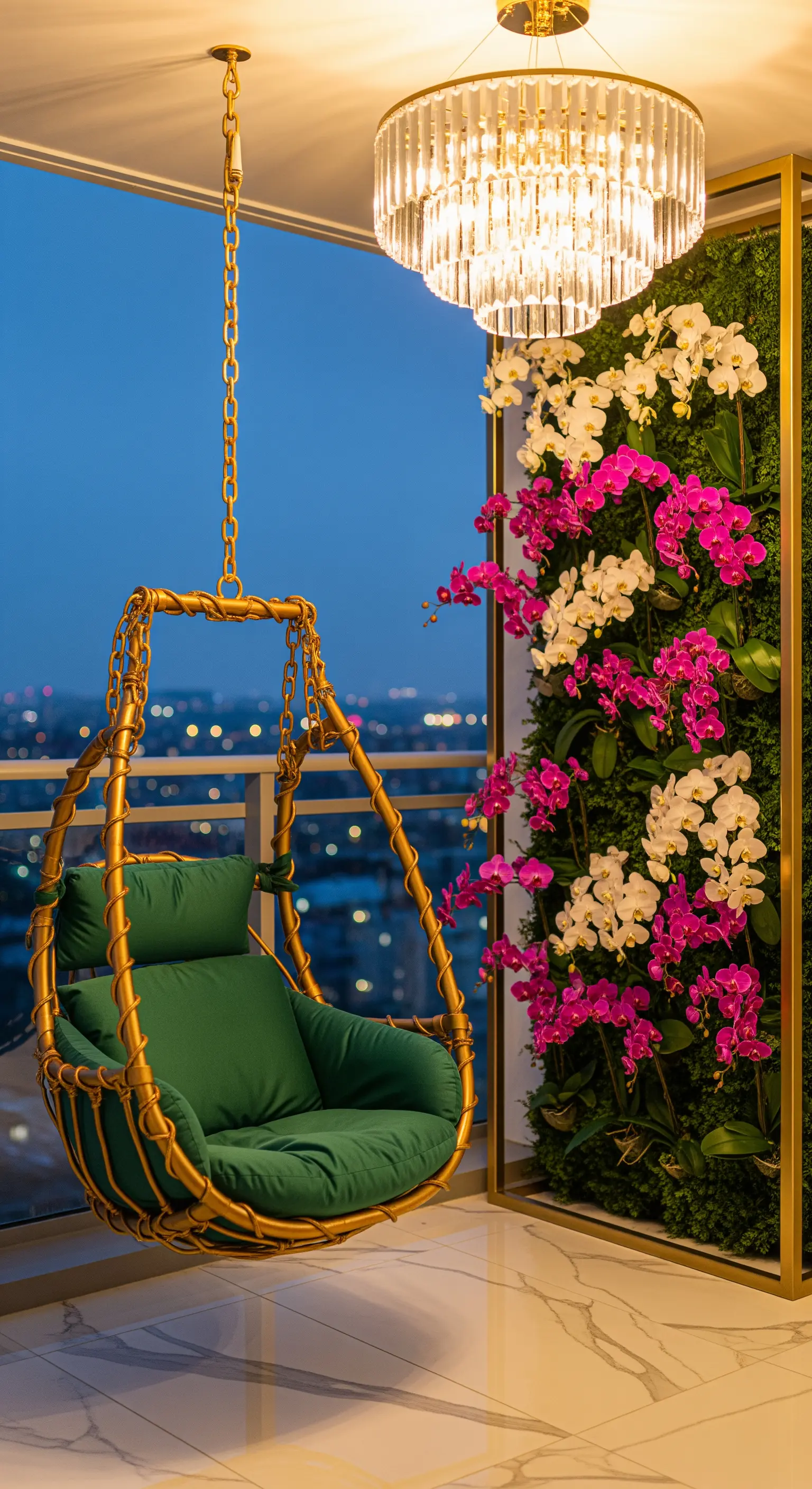 Poltrona sospesa dorata e verde su un balcone con parete di orchidee e un lampadario di cristallo.