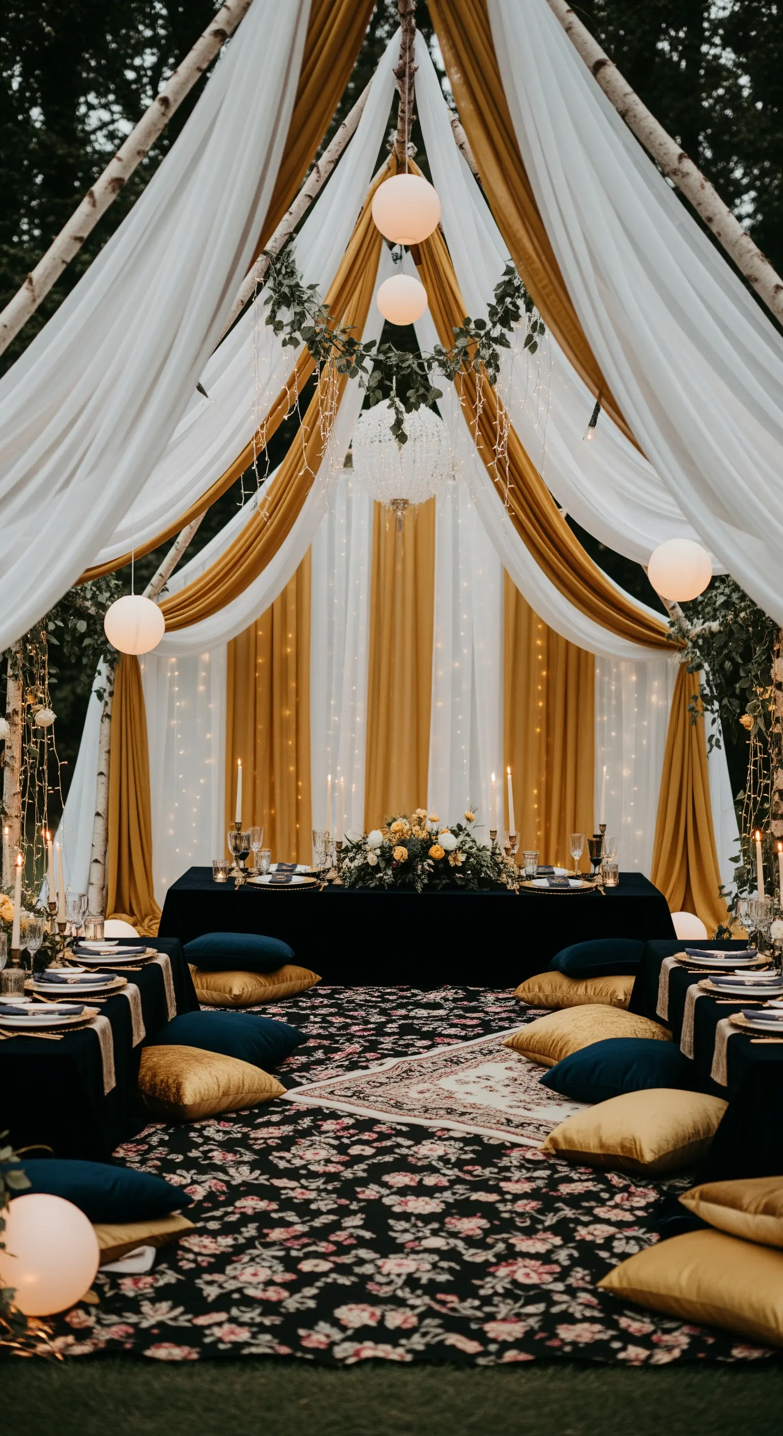 Allestimento elegante in giardino con drappi bianchi e oro, cuscini blu e tavolo nero.