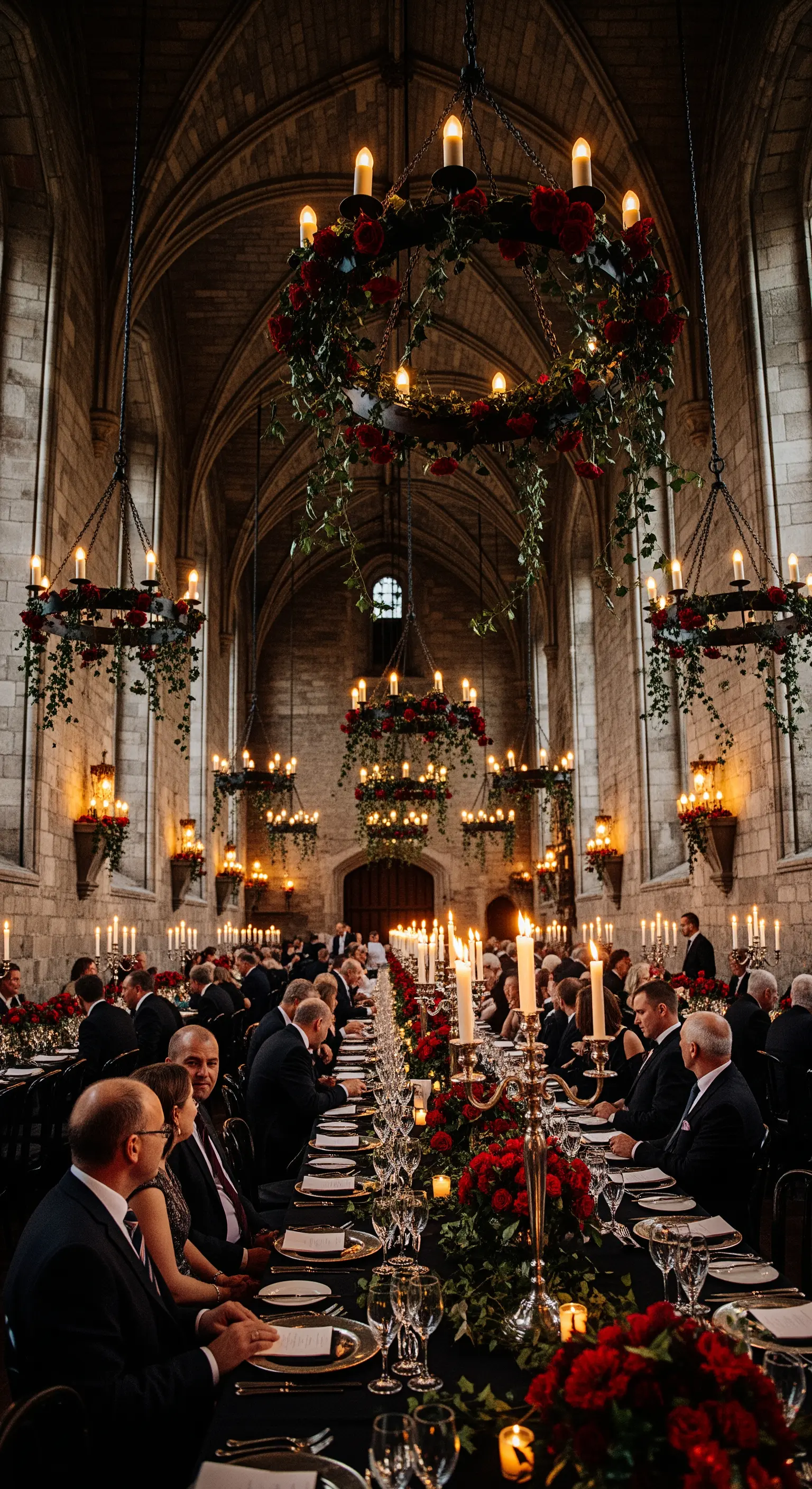Grandi lampadari in ferro battuto decorati con corone di rose rosse in una sala in stile gotico.