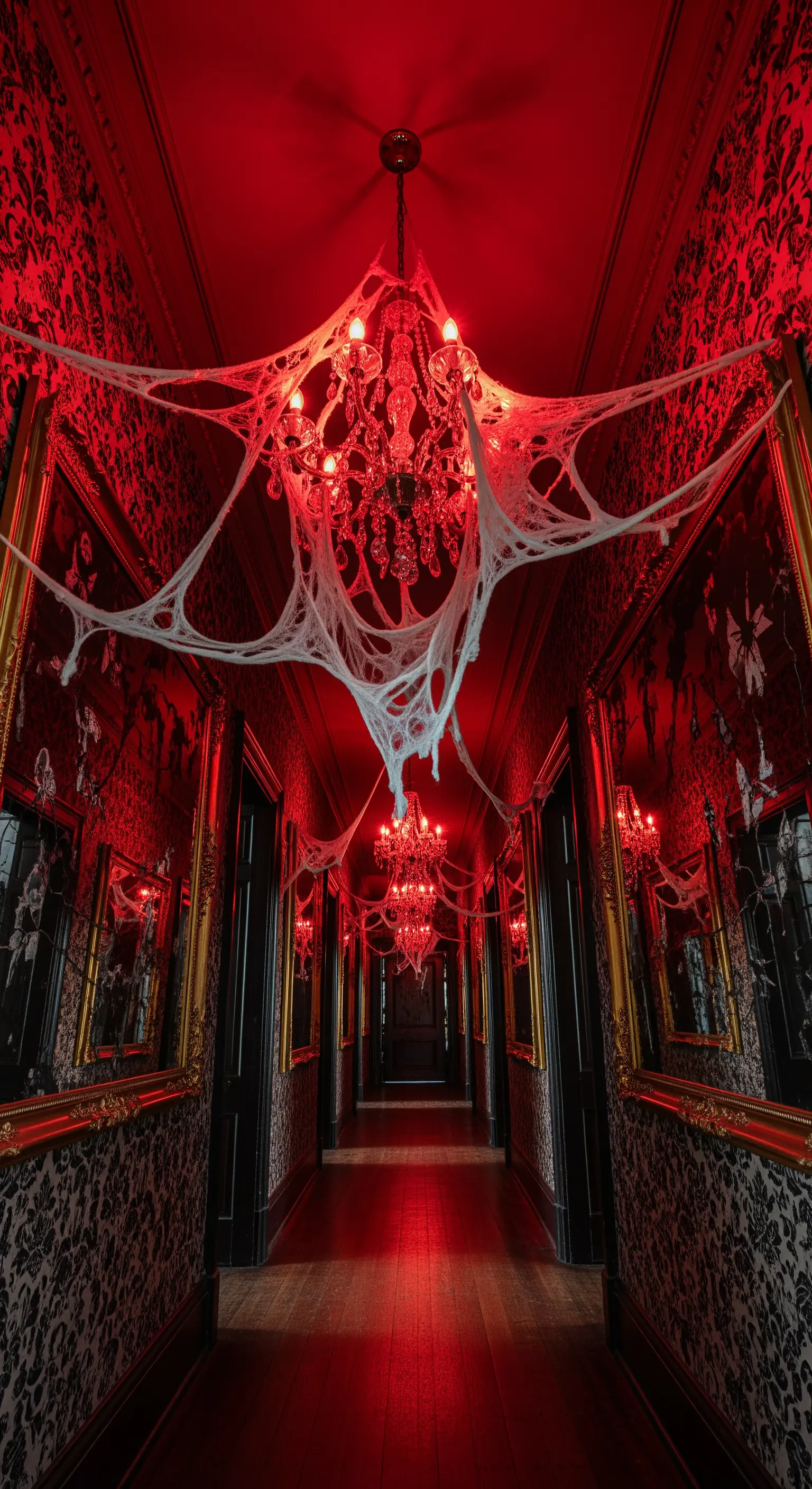 Corridoio gotico con lampadari, ragnatele e luce rossa per Halloween.