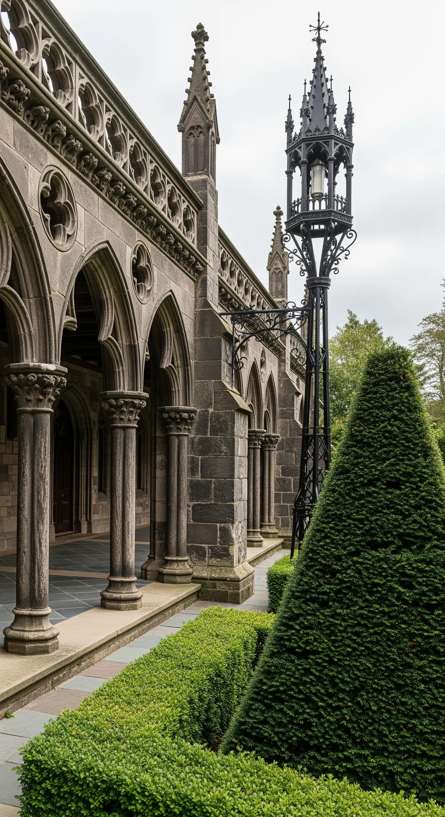 Portico in stile gotico con archi a sesto acuto, colonne in pietra e un cipresso conico.