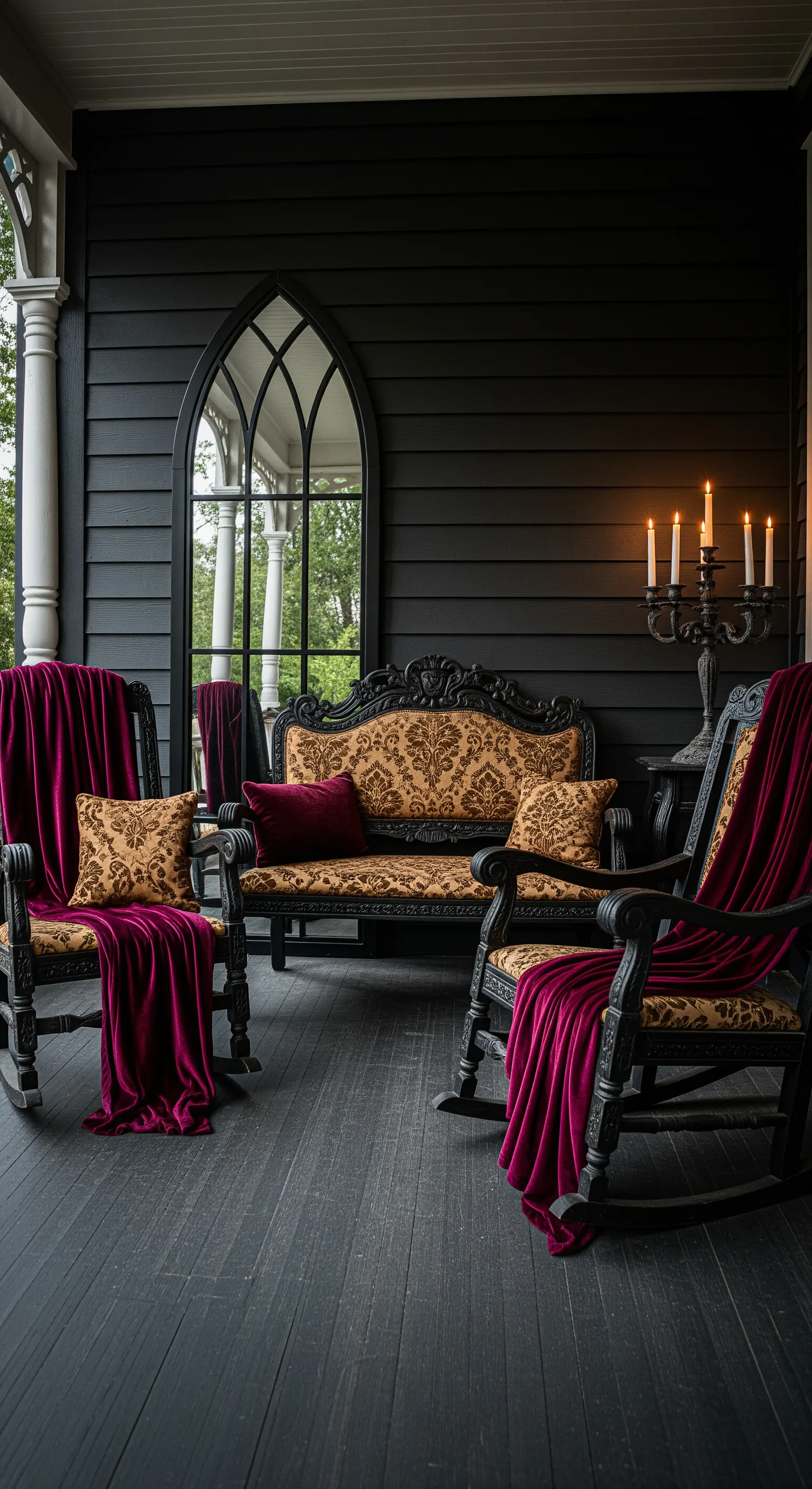 Portico gotico con pareti nere, specchio a ogiva e arredi scuri con velluto rosso.