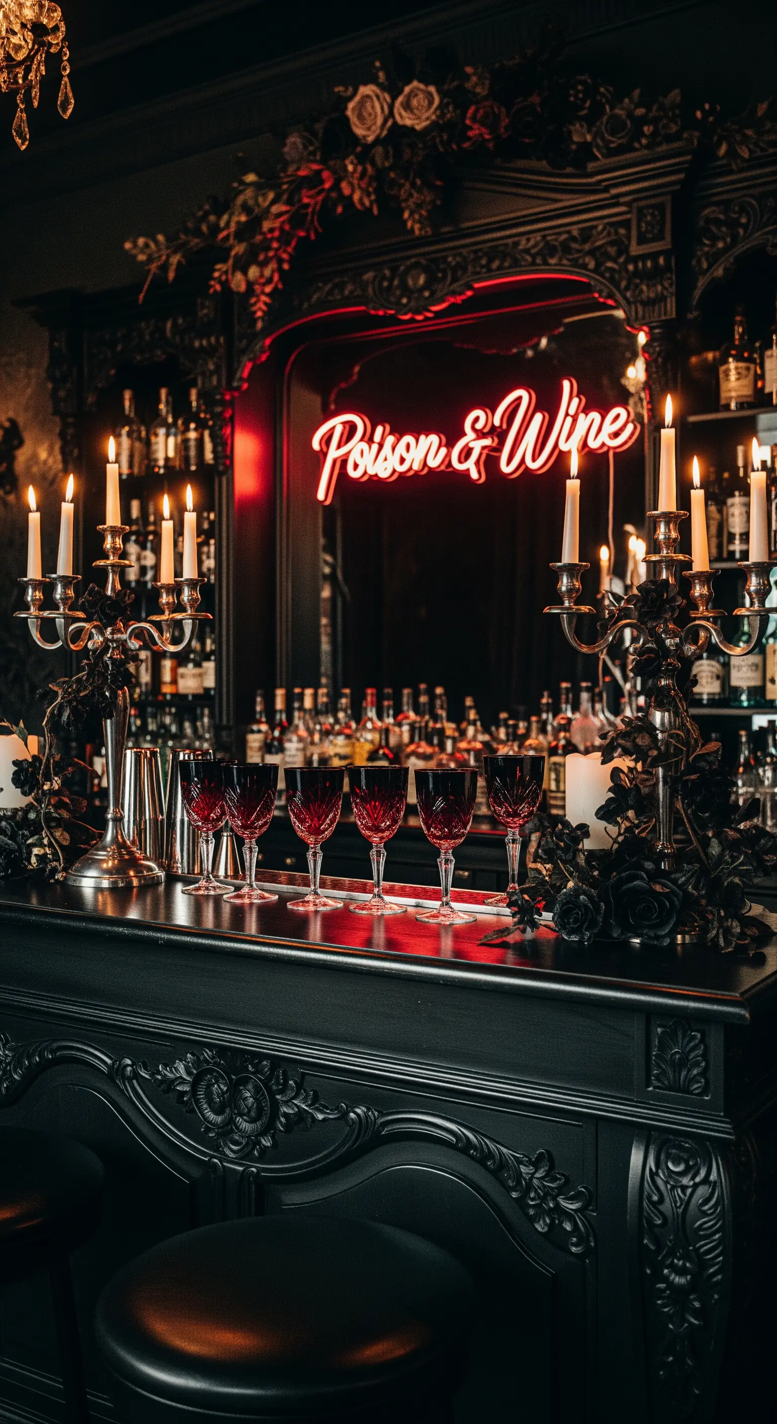 Bar in stile gotico con mobili neri, candelabri, rose scure e un'insegna al neon rossa.