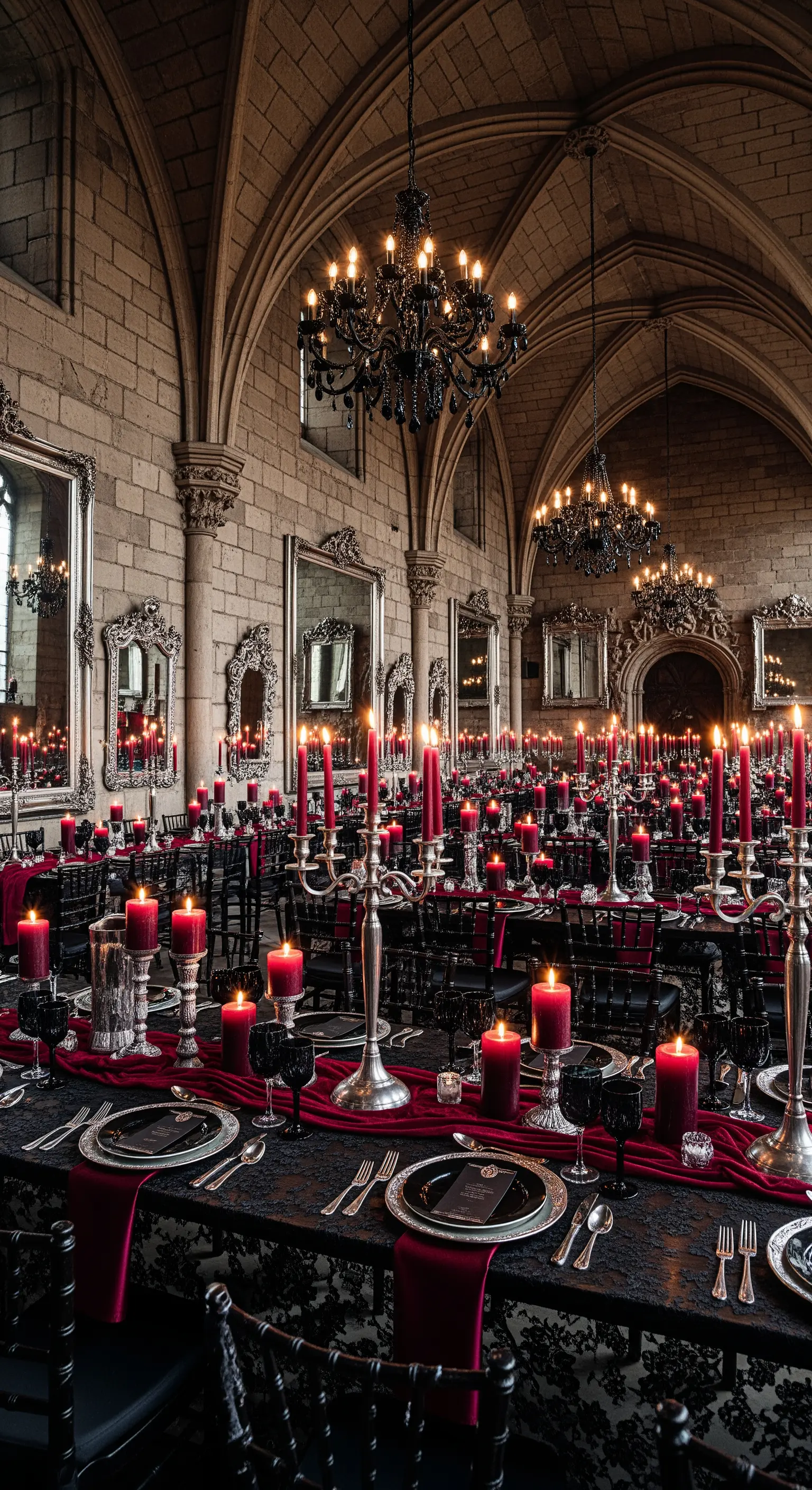 Allestimento gotico con tavoli neri, candele rosse, candelabri neri e specchi argentati.