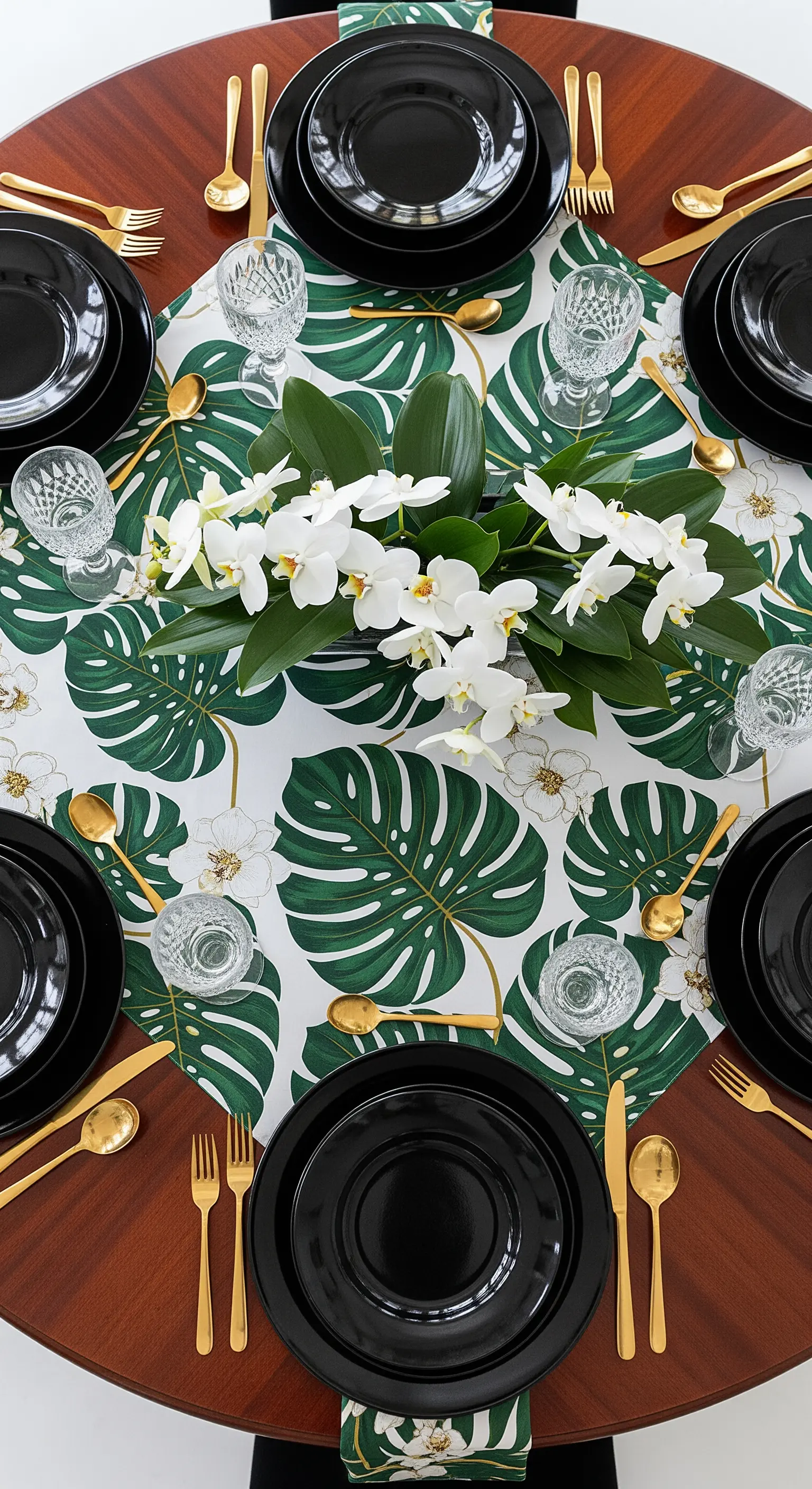 Tavola rotonda con tovaglia a foglie di monstera, piatti neri e posate dorate.