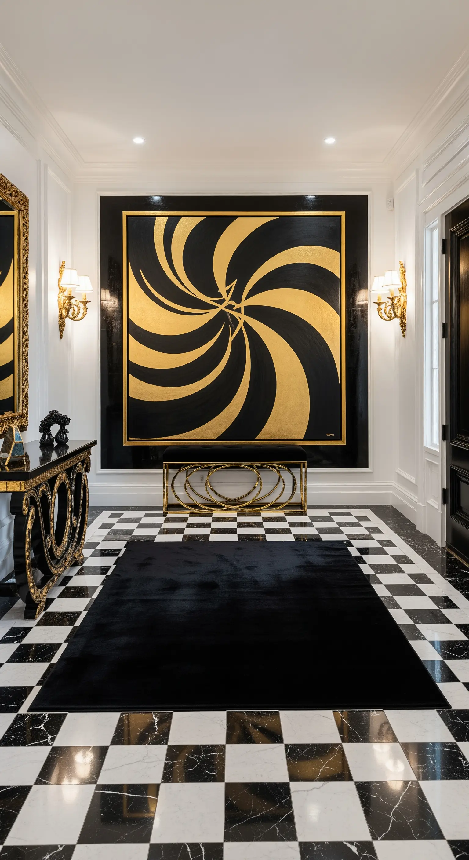 Ingresso Art Déco con pavimento a scacchi, quadro optical nero e oro e mobili laccati.