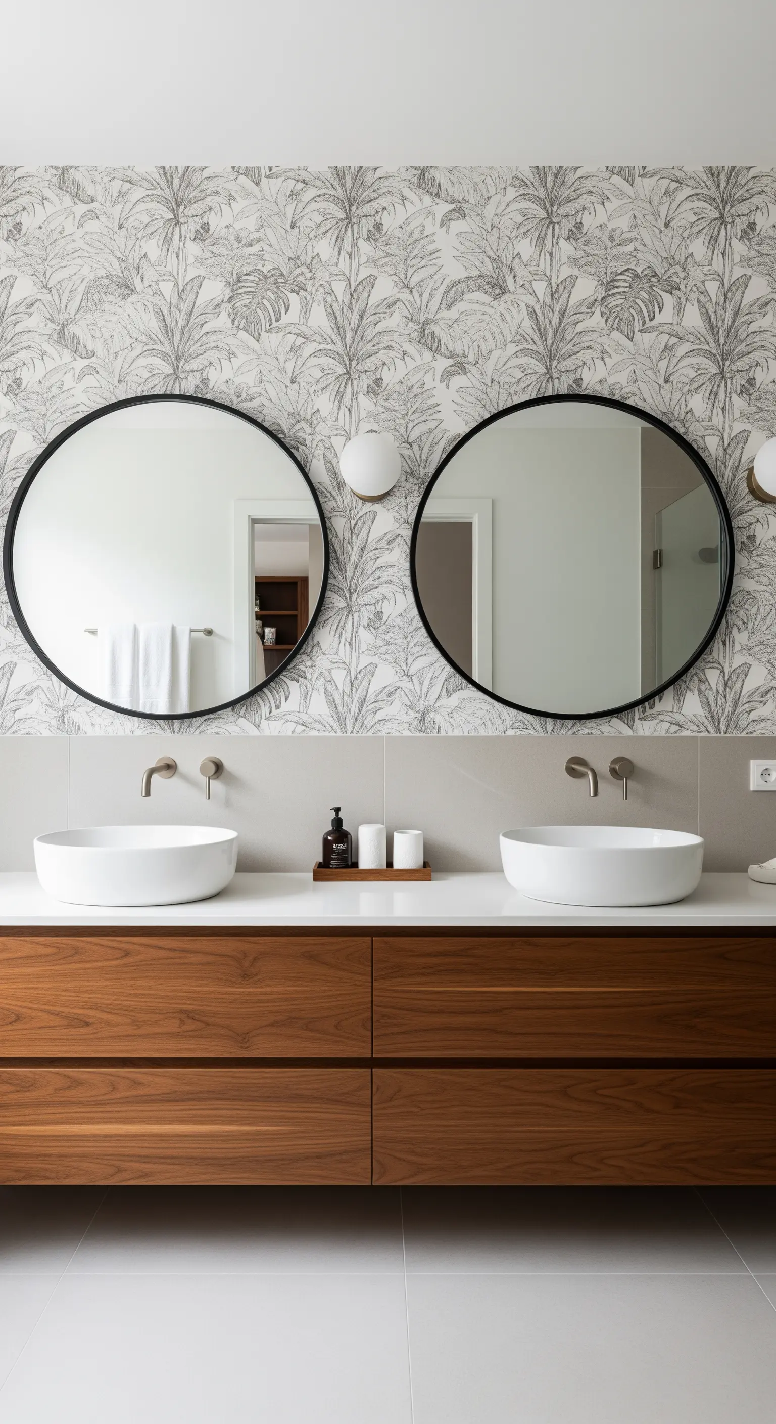 Bagno con doppio lavabo, due specchi rotondi e carta da parati a foglie grigie.