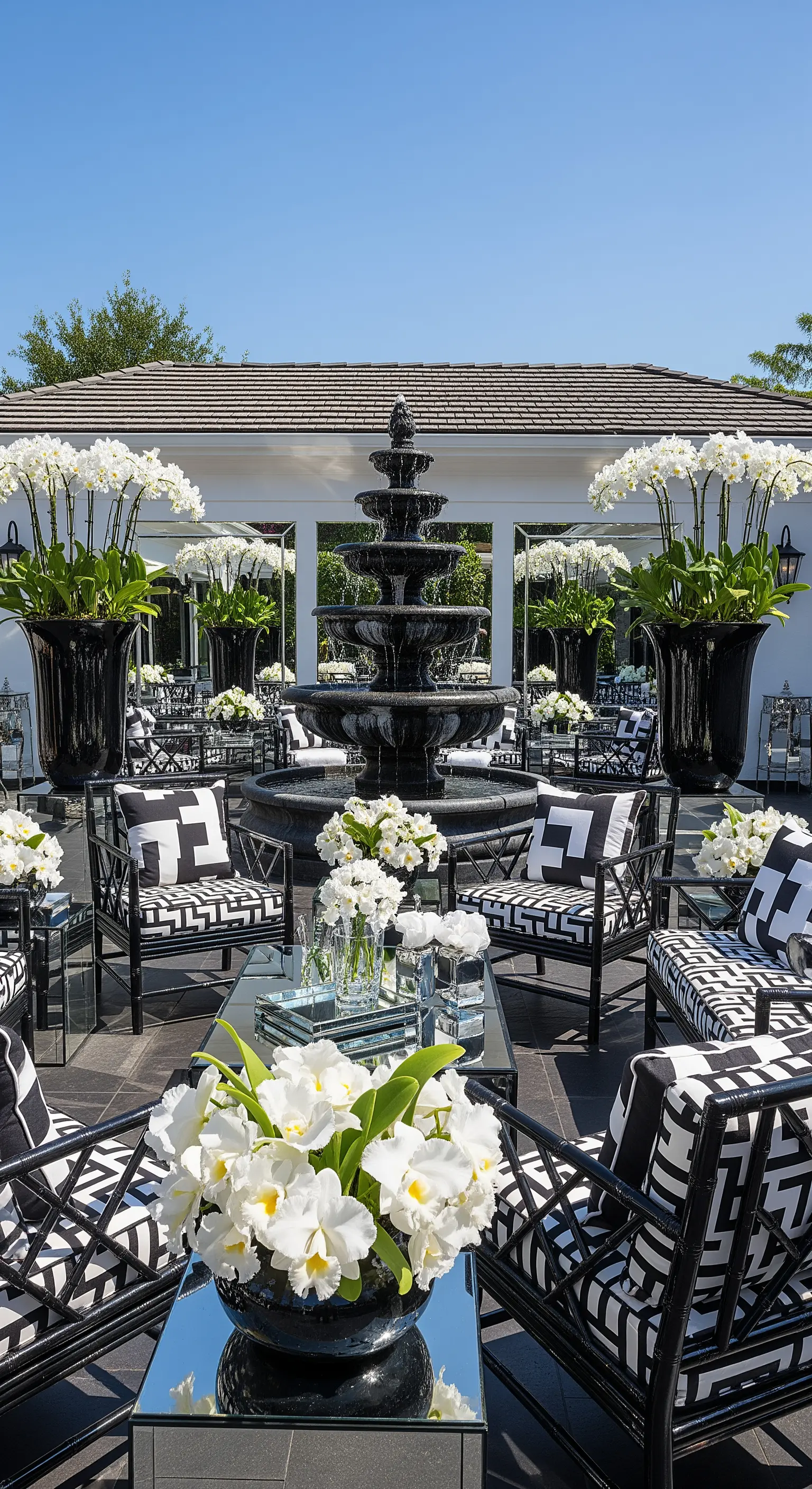 Patio con arredi in bianco e nero, fontana centrale e grandi vasi di orchidee bianche.