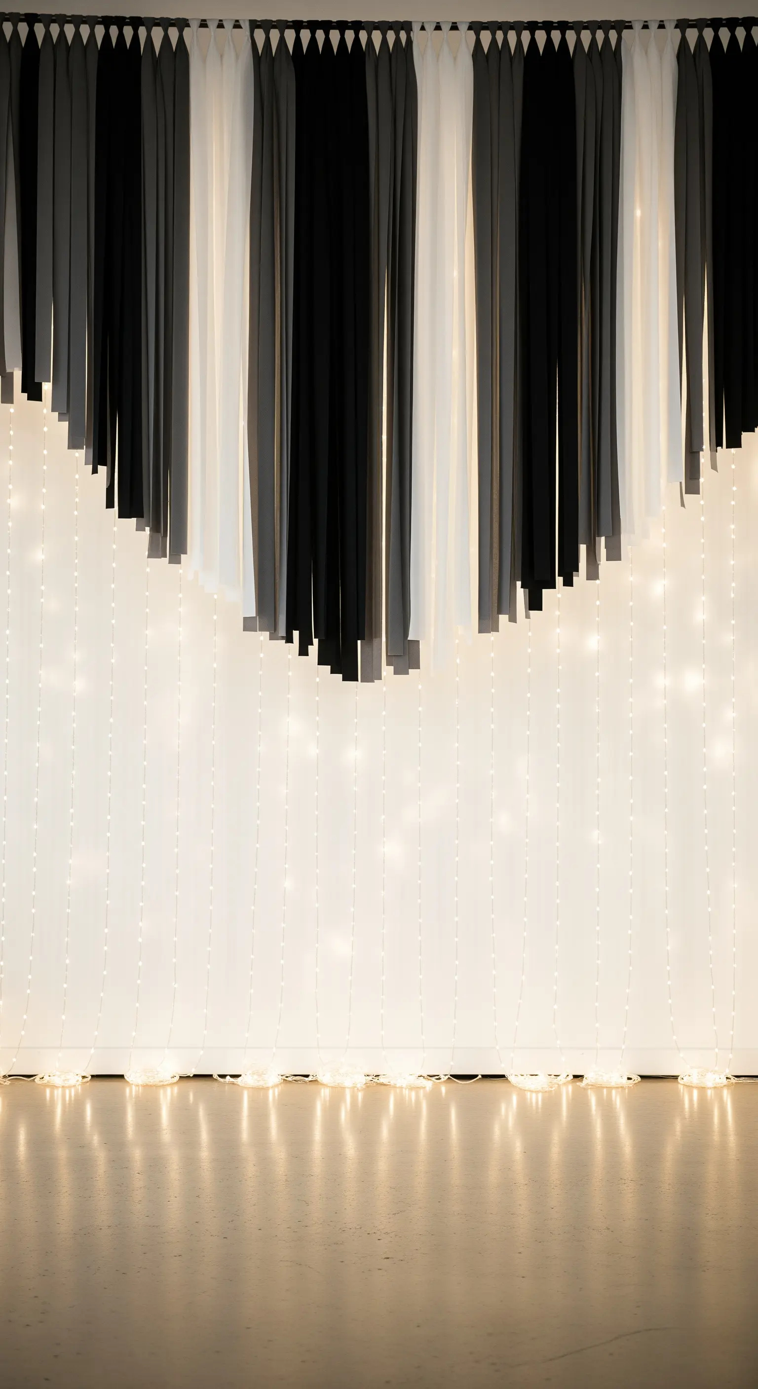 Allestimento minimalista con strisce bianche e nere sospese sopra una cascata di luci calde.