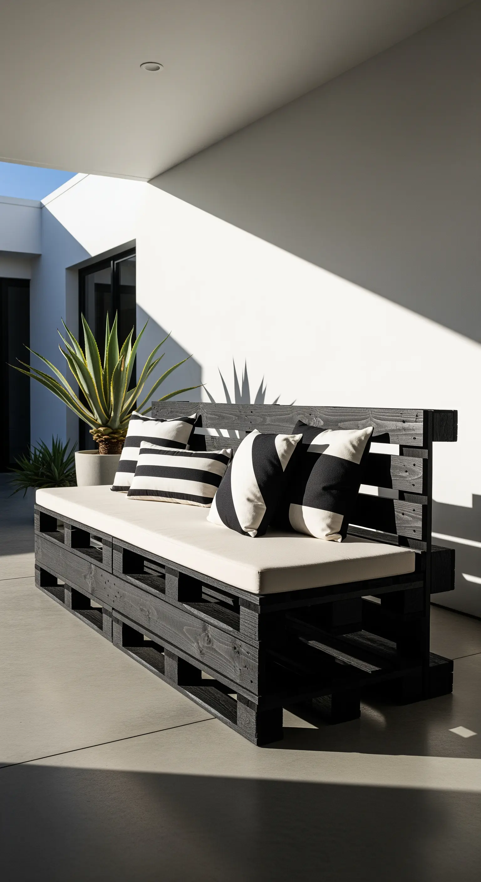 Divano in pallet verniciato di nero con cuscini bianchi e cuscini decorativi a righe