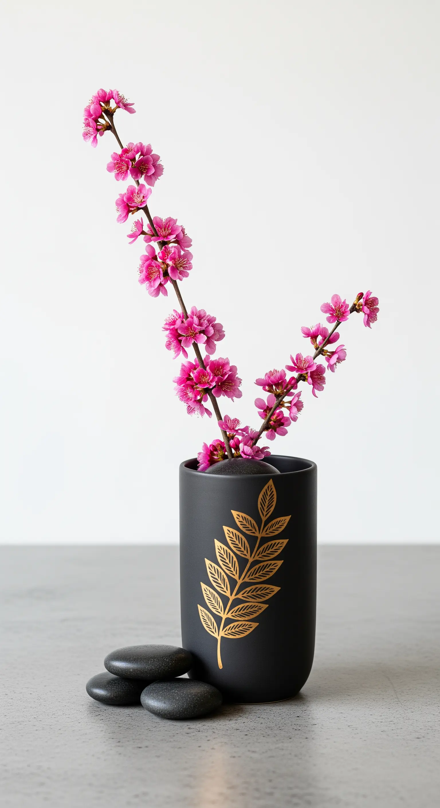 Vaso nero opaco con un disegno di foglia dorata che contiene un ramo di fiori di pesco.